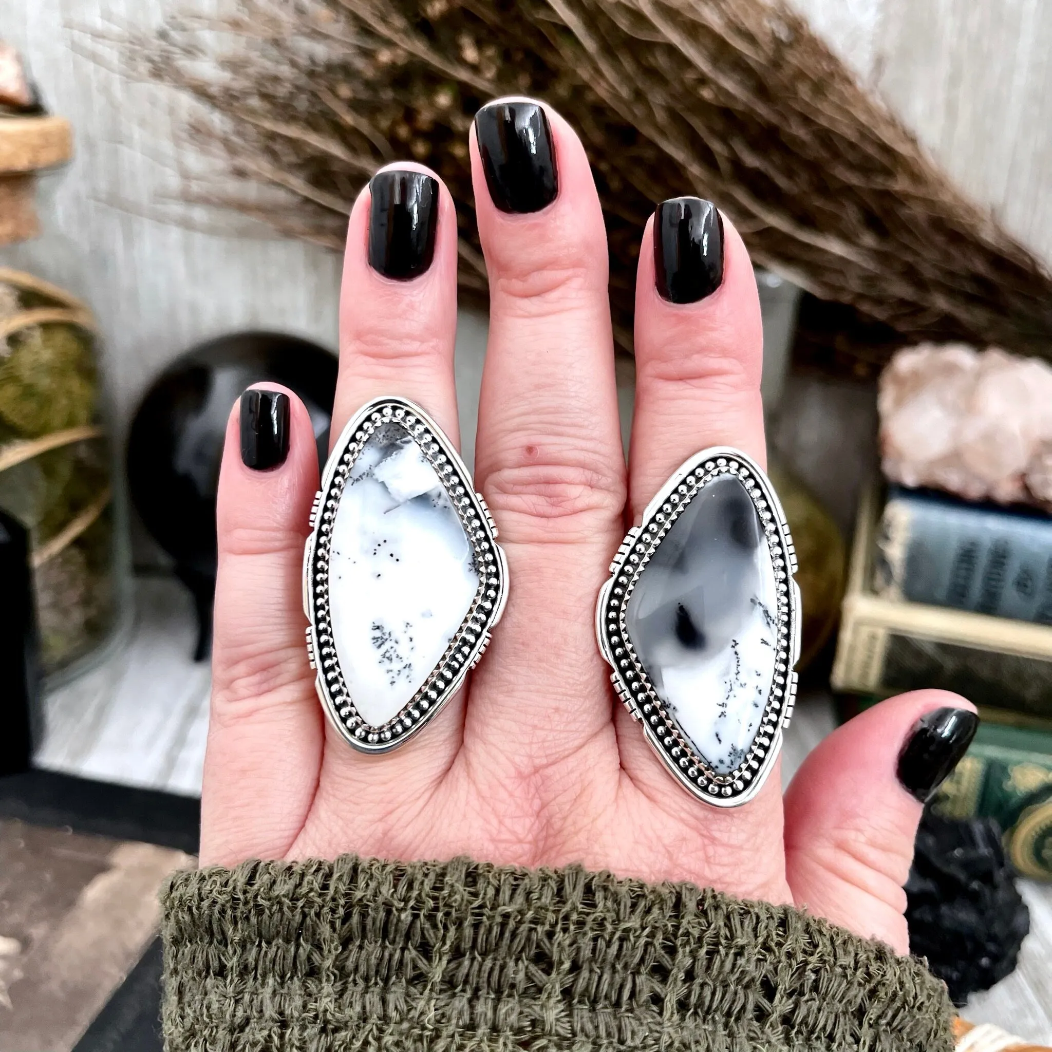 Big Dendritic Agate Crystal Statement Ring in Sterling Silver - Designed by FOXLARK Collection Adjustable to Size 6 7 8 9 | White Stone