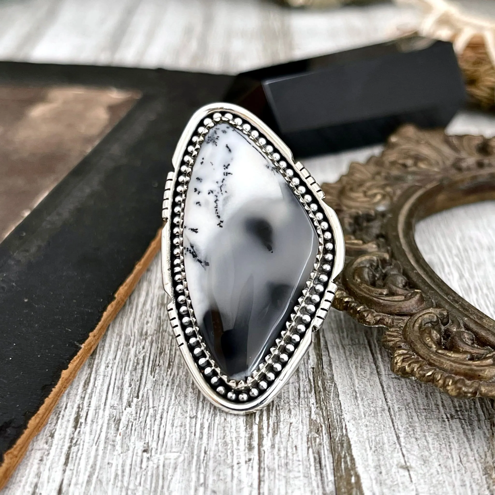 Big Dendritic Agate Crystal Statement Ring in Sterling Silver - Designed by FOXLARK Collection Adjustable to Size 6 7 8 9 | White Stone