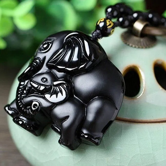 Black Obsidian Elephant Pendant with Beaded Rope Necklace