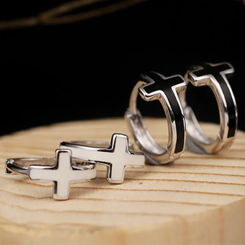 Black/White Cross 925 Sterling Silver Ear Clip Fashion Earrings