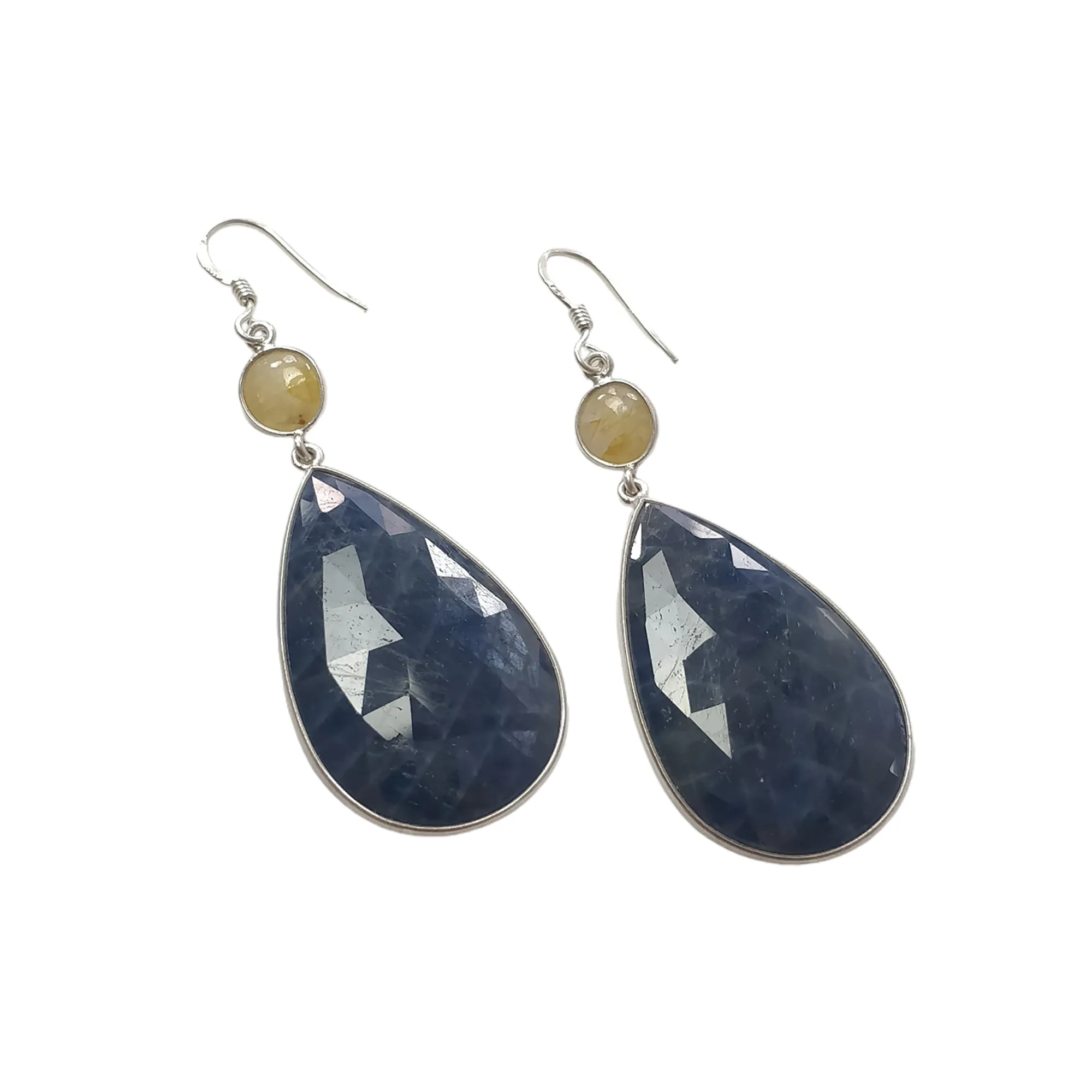 Blue & Yellow Sapphire With 925 Sterling Silve Earrings : 17.18gms Natural Saphire Untreated Drop Dangle Bezel Set Hook Earrings 1.6"