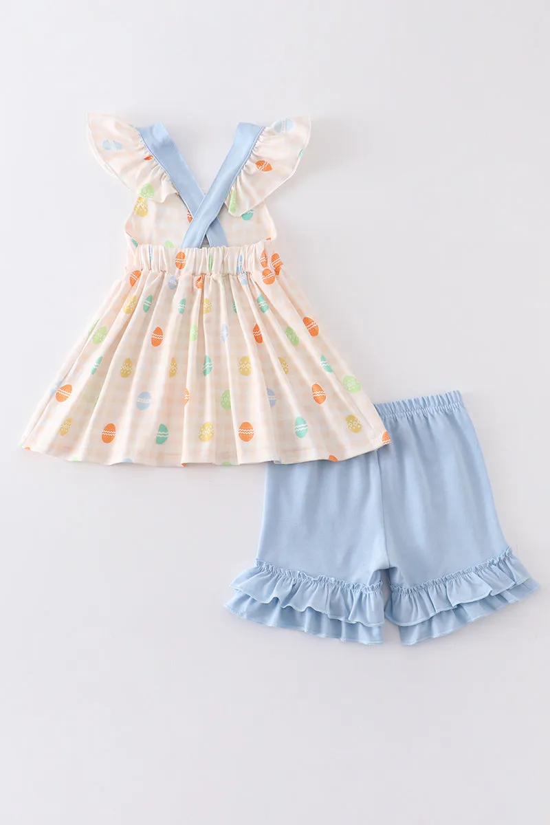 Blue egg print bow girl set