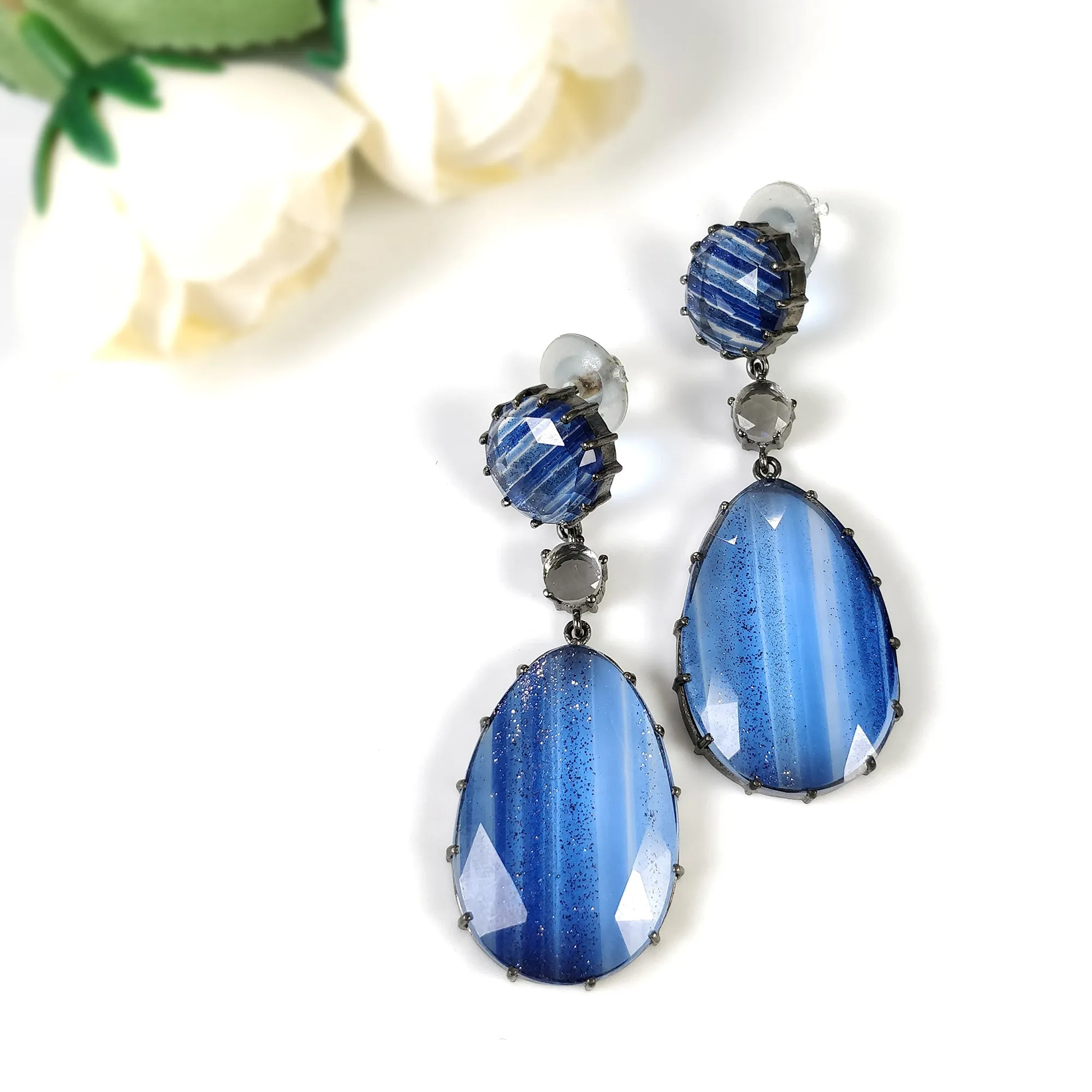 Blue Rhinestone Gemstone Earring : 2.25" 925 Sterling Silver Pear Round Push Back Prong Set Victorian Fashion Statement Earring Gift For Her