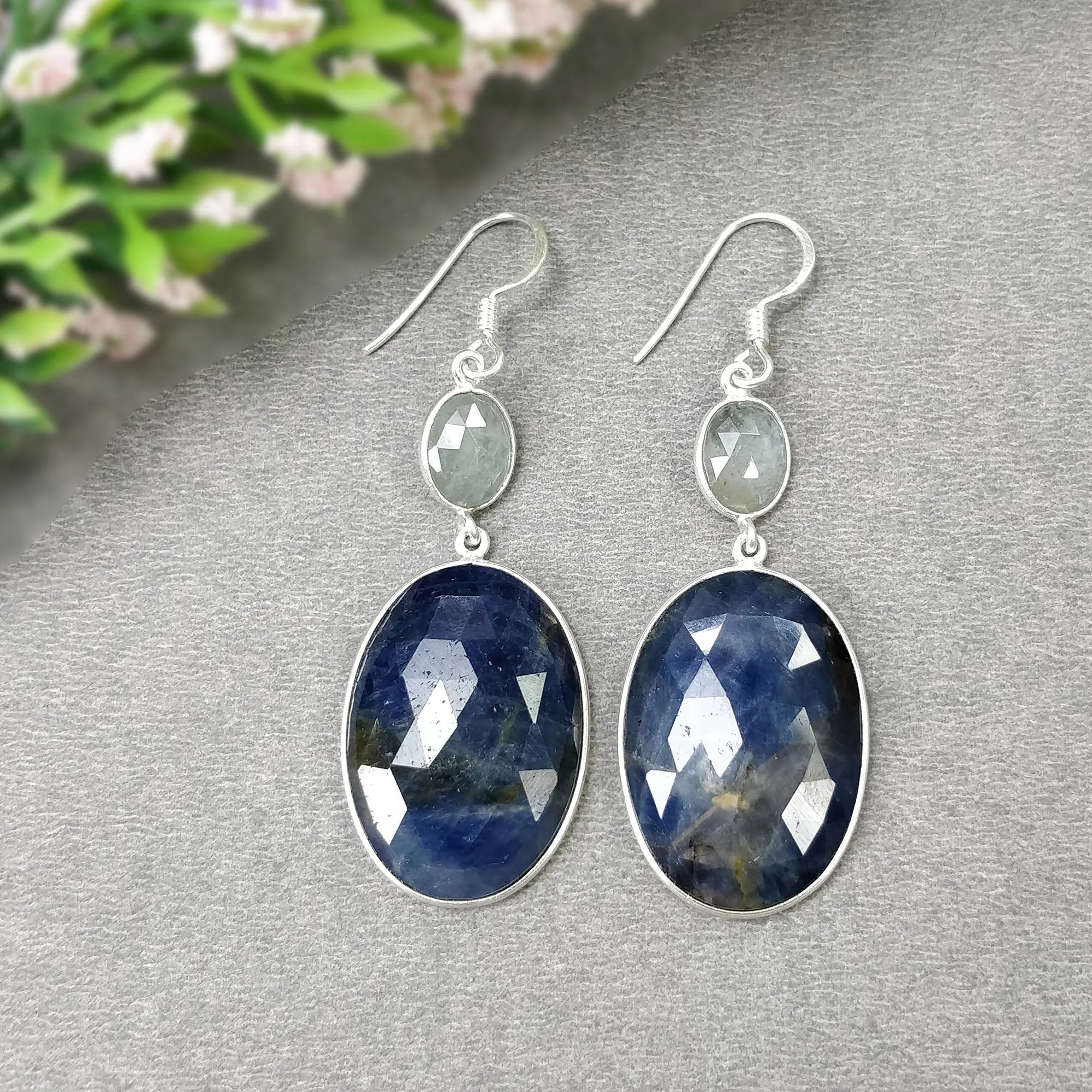 BLUE SAPPHIRE & Aquamarine Gemstone Earring : 14.56gms Natural Sapphire 925 Sterling Silver Drop Dangle Bezel Set Earring 2.24"