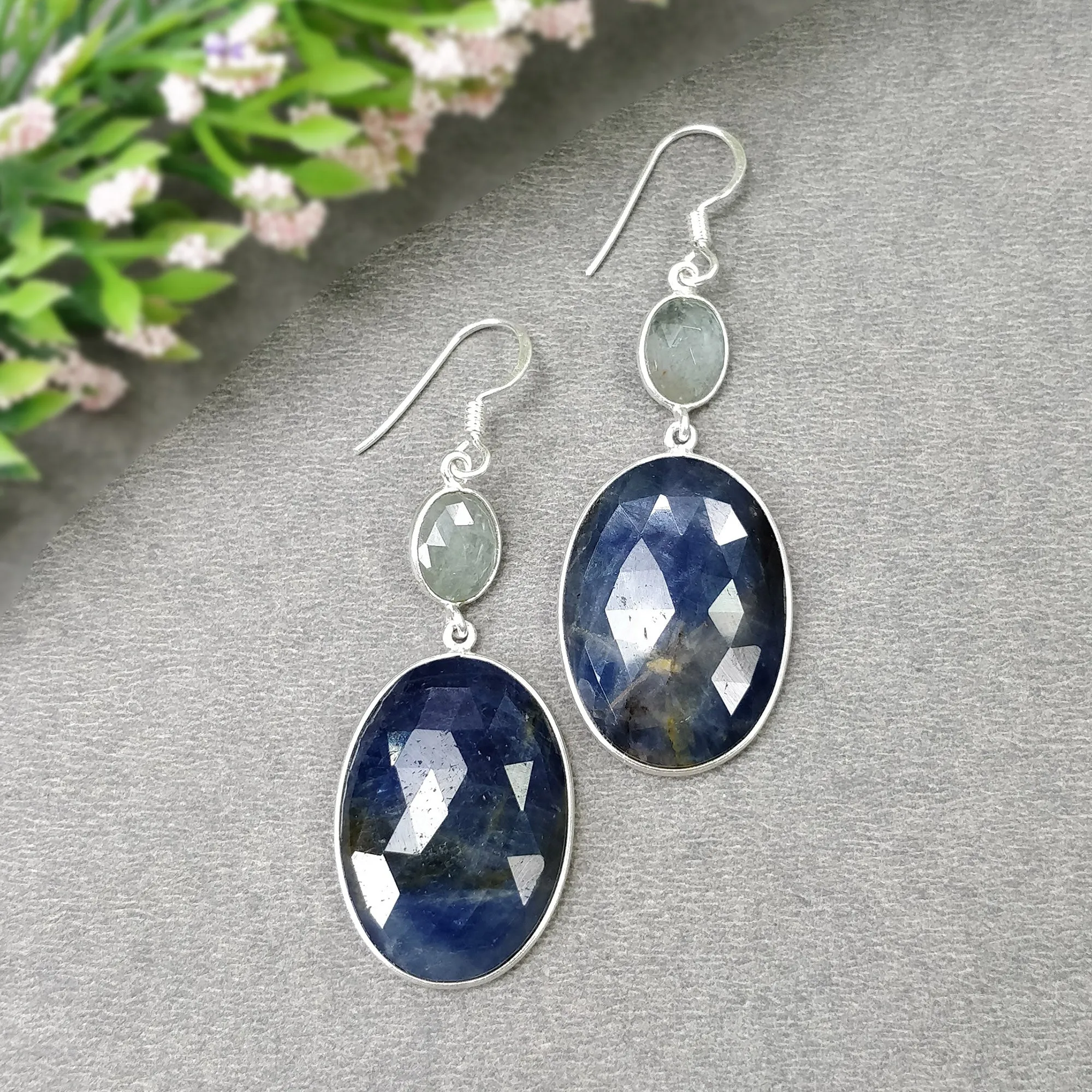 BLUE SAPPHIRE & Aquamarine Gemstone Earring : 14.56gms Natural Sapphire 925 Sterling Silver Drop Dangle Bezel Set Earring 2.24"