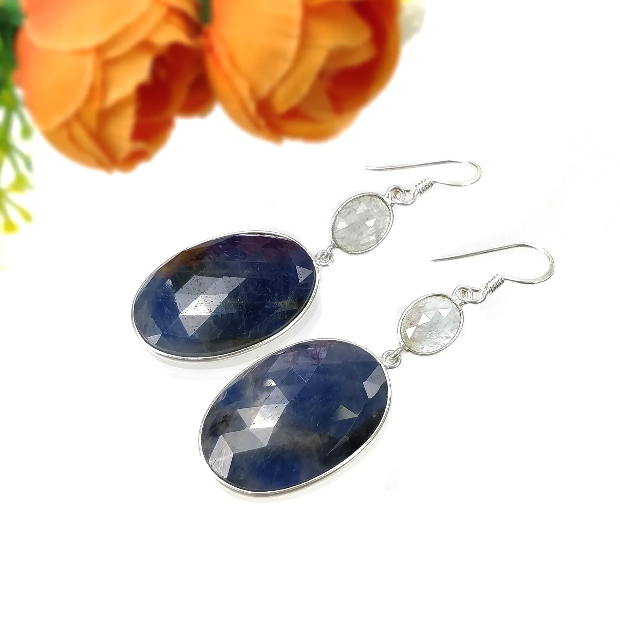 BLUE SAPPHIRE & Aquamarine Gemstone Earring : 14.56gms Natural Sapphire 925 Sterling Silver Drop Dangle Bezel Set Earring 2.24"