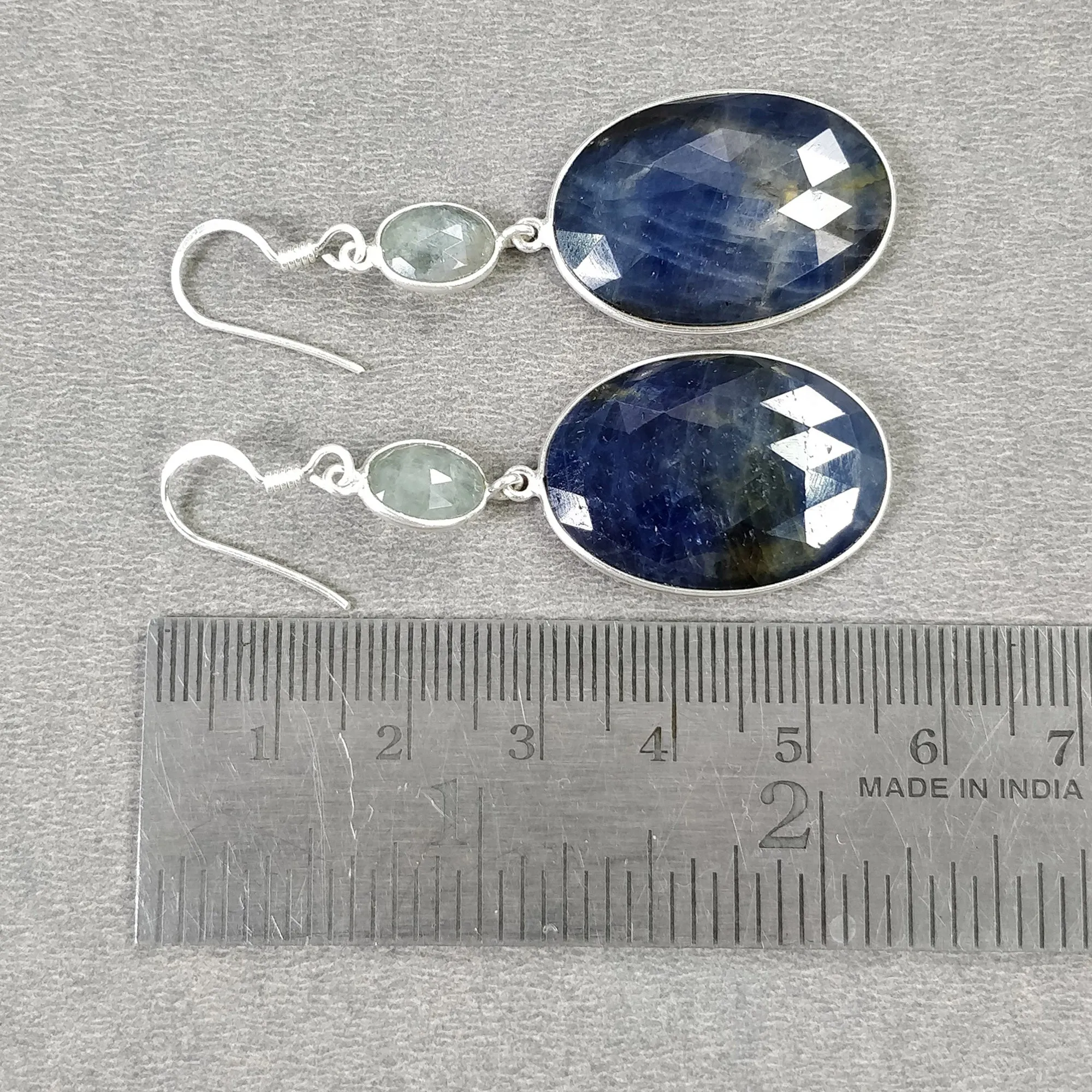 BLUE SAPPHIRE & Aquamarine Gemstone Earring : 14.56gms Natural Sapphire 925 Sterling Silver Drop Dangle Bezel Set Earring 2.24"