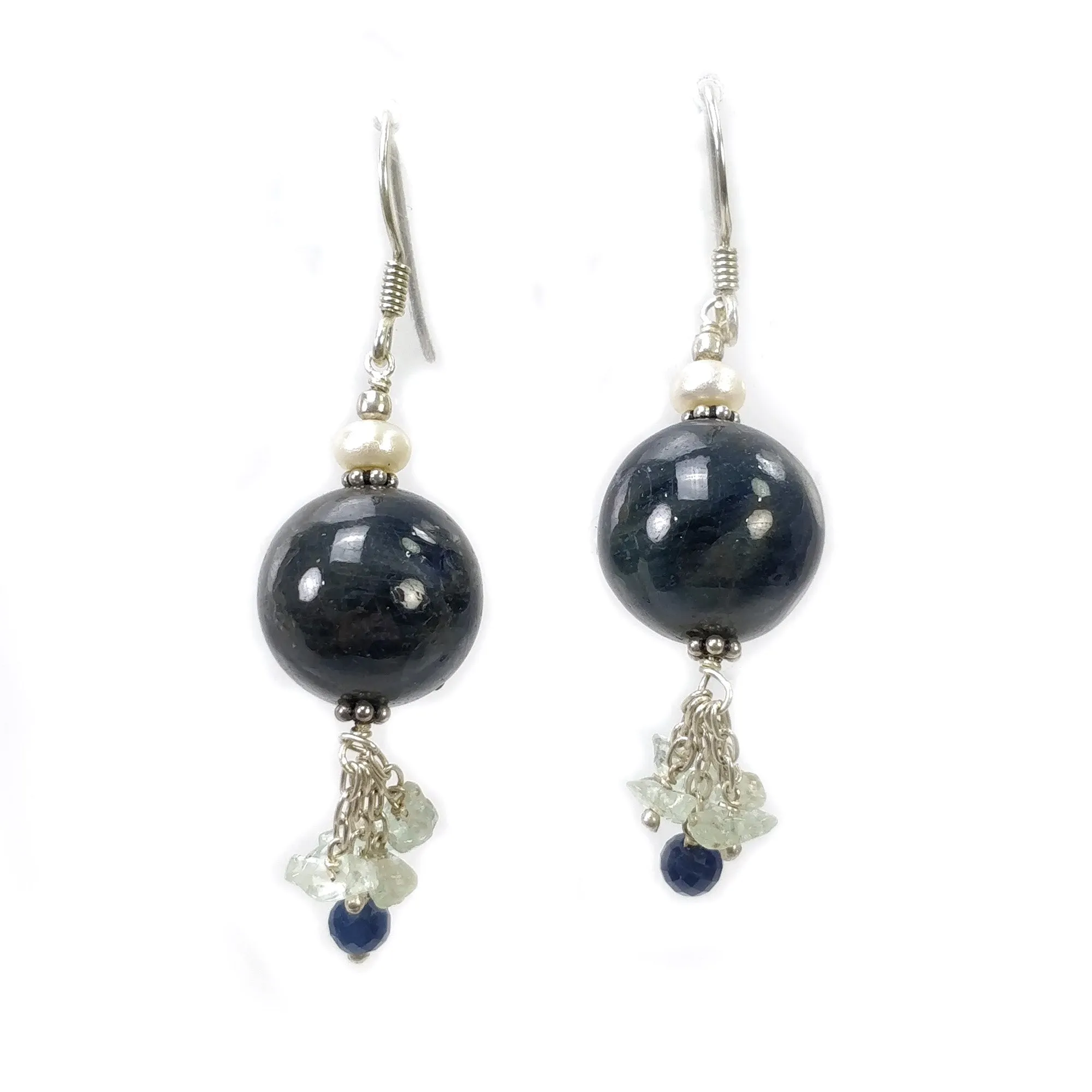 Blue SAPPHIRE And EMERALD Uncut Gemstone Beaded Earrings : 15.29gms Natural 925 Sterling Silver Drop Dangle Hook Earrings 2"