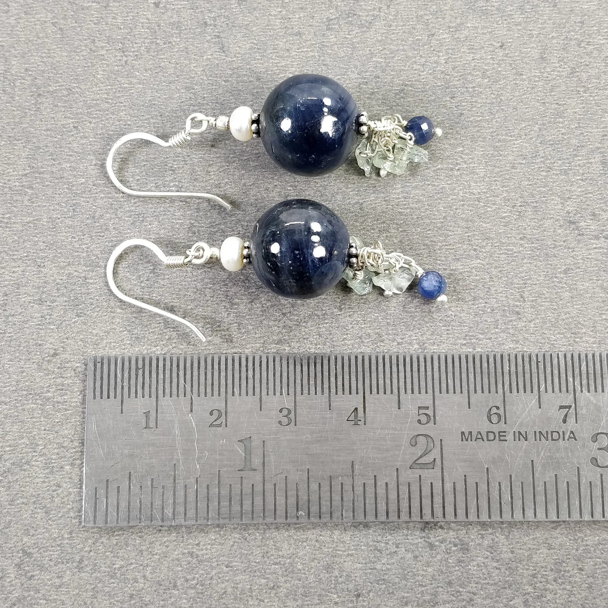 Blue SAPPHIRE And EMERALD Uncut Gemstone Beaded Earrings : 15.29gms Natural 925 Sterling Silver Drop Dangle Hook Earrings 2"