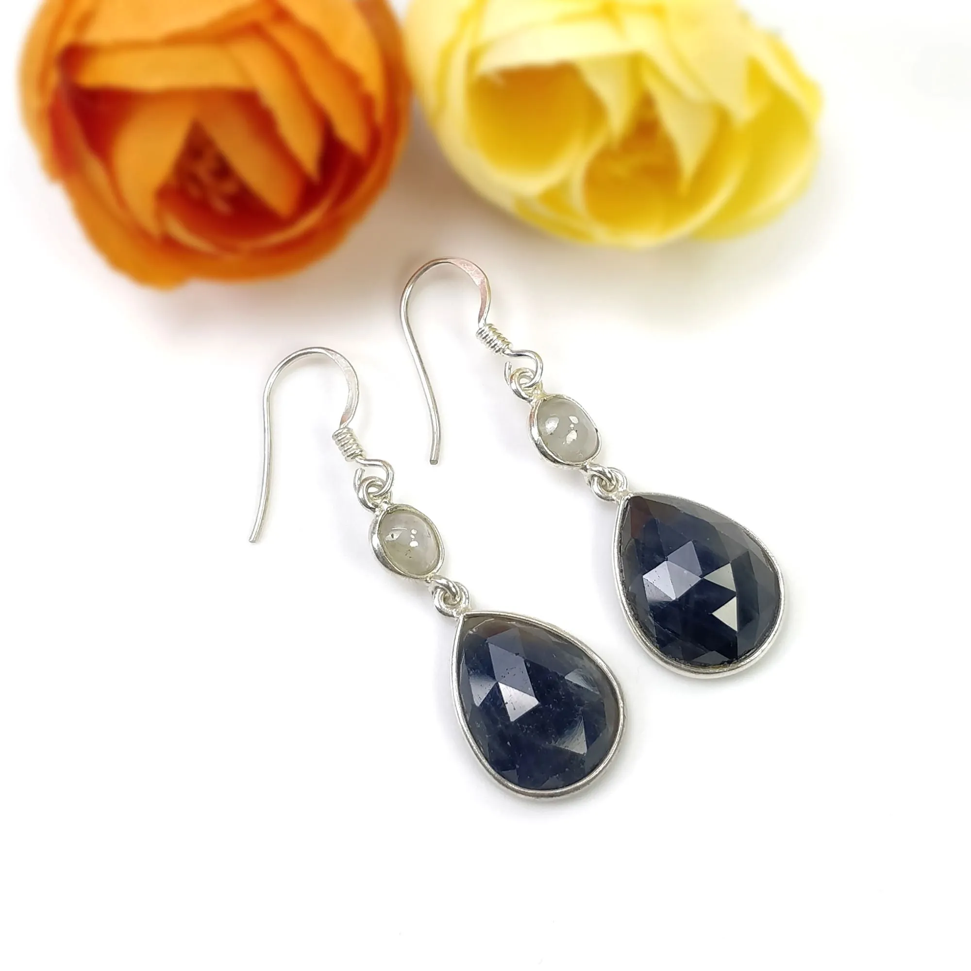 BLUE SAPPHIRE Gemstone Earring : 5.25gms Natural Multi Sapphire 925 Sterling Silver Drop Dangle Bezel Set Hook Earrings 1.75"