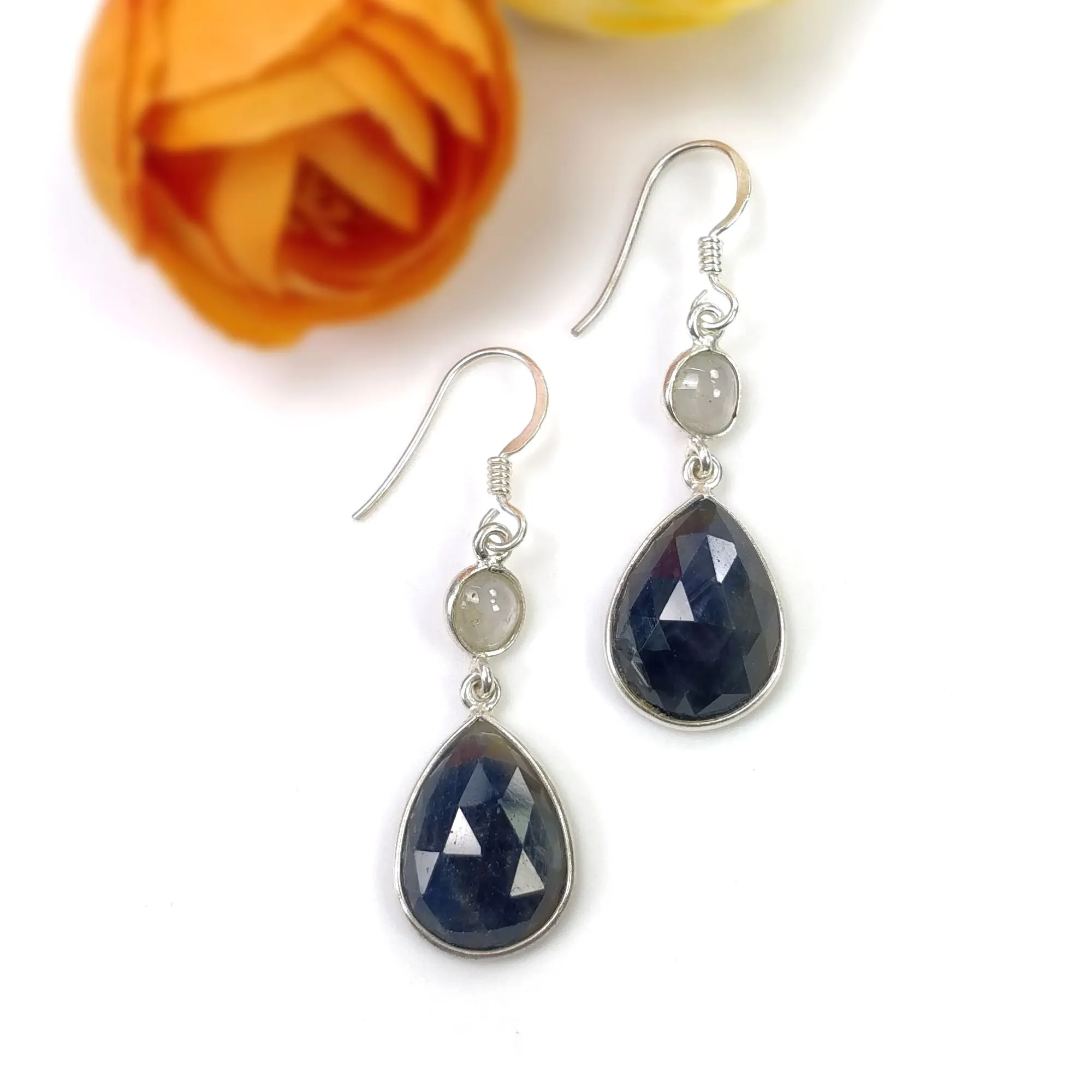 BLUE SAPPHIRE Gemstone Earring : 5.25gms Natural Multi Sapphire 925 Sterling Silver Drop Dangle Bezel Set Hook Earrings 1.75"