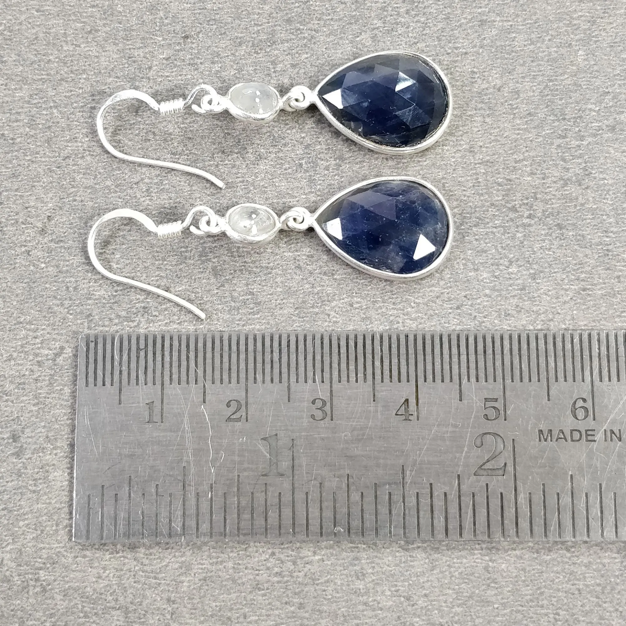 BLUE SAPPHIRE Gemstone Earring : 5.25gms Natural Multi Sapphire 925 Sterling Silver Drop Dangle Bezel Set Hook Earrings 1.75"