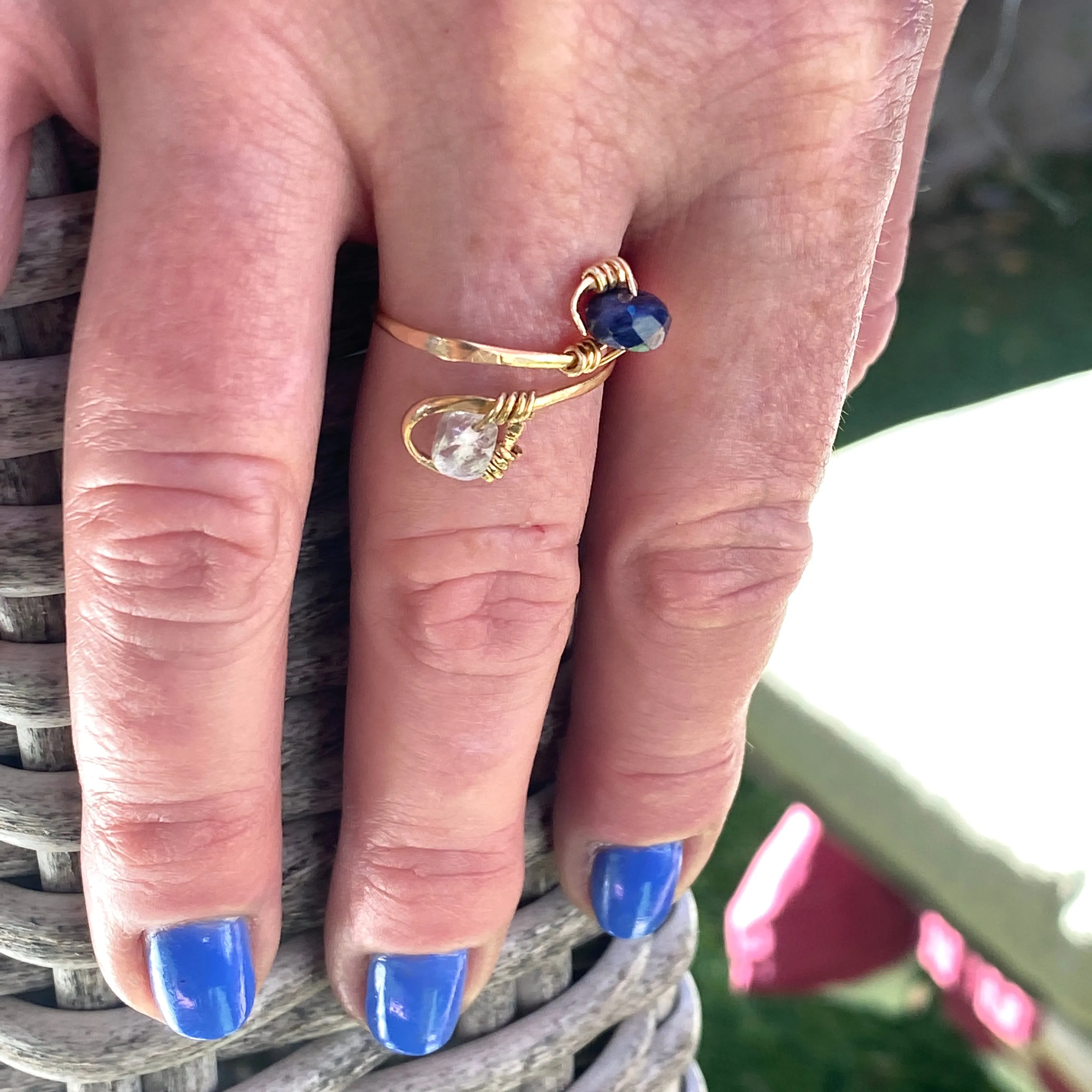 Blue Topaz and Blue Sapphire hand hammered wire Ring