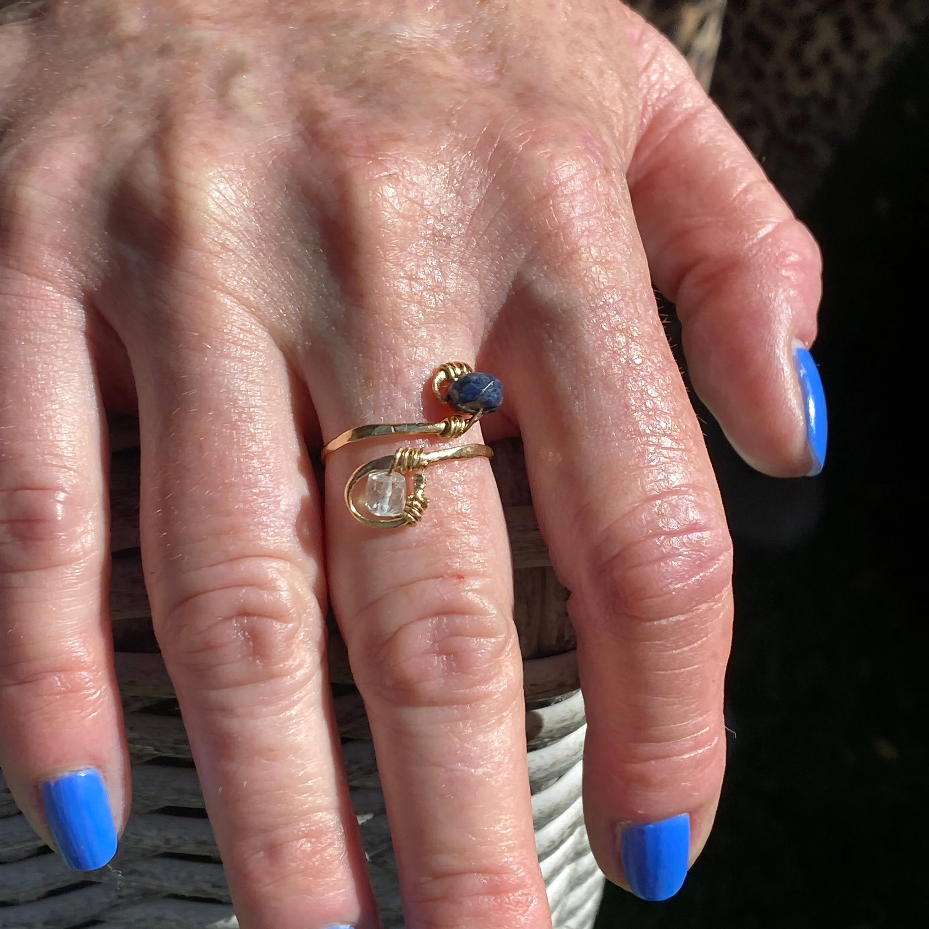 Blue Topaz and Blue Sapphire hand hammered wire Ring