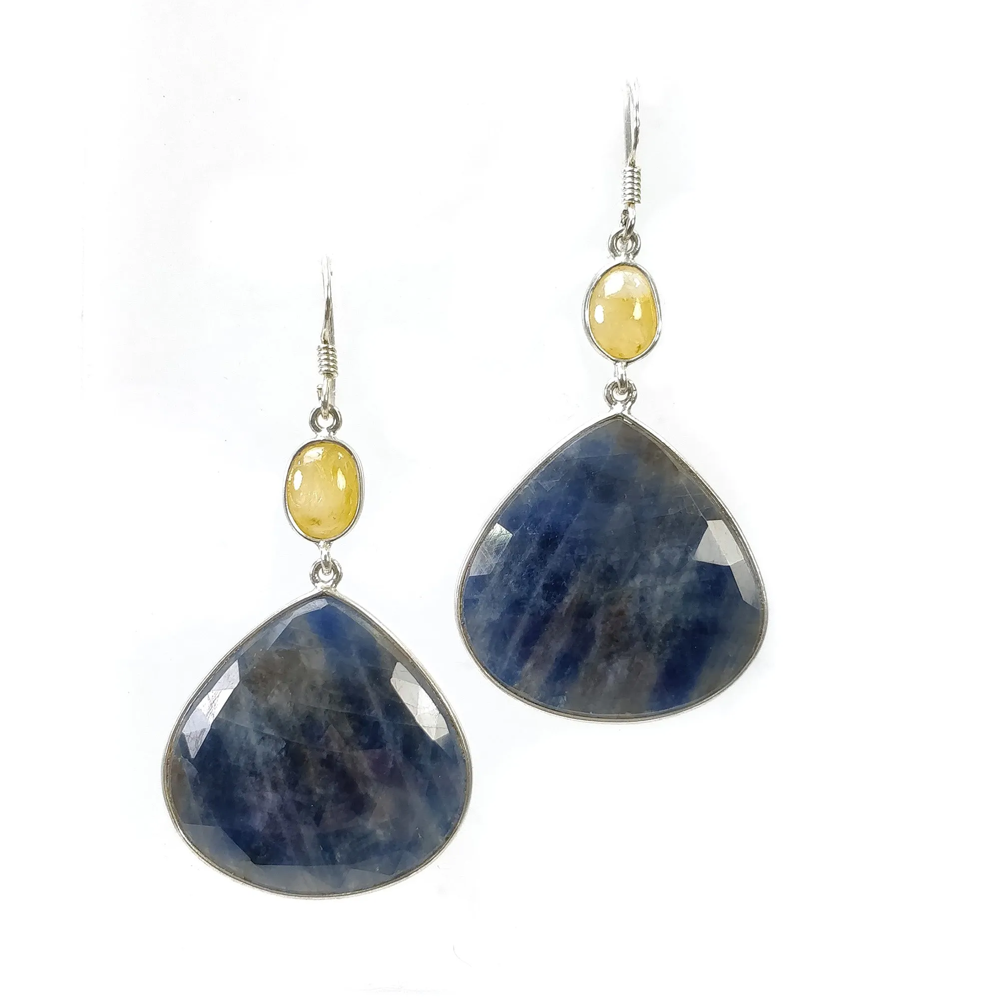 BLUE YELLOW SAPPHIRE 925 Sterling Silver Bezel Set Earrings : 17.080gms Natural Untreated Drop Dangle Hook Earrings 2.35"