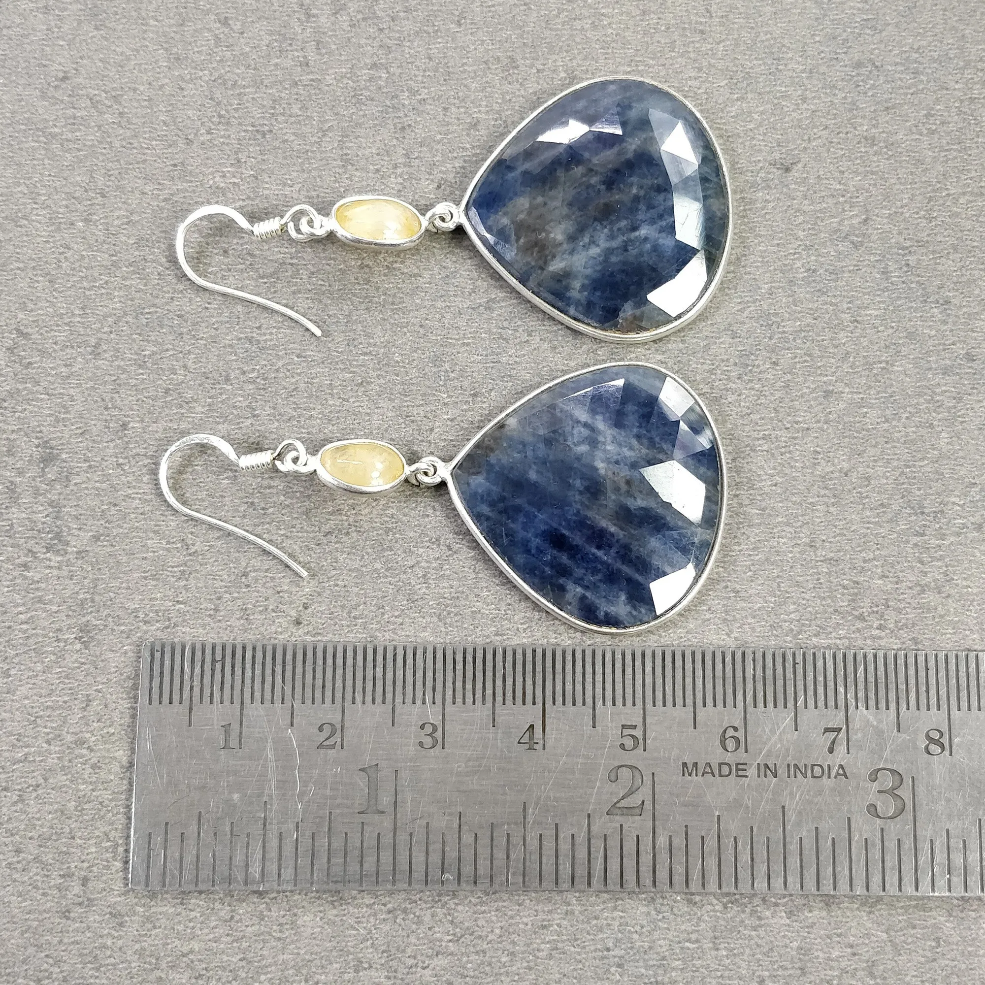 BLUE YELLOW SAPPHIRE 925 Sterling Silver Bezel Set Earrings : 17.080gms Natural Untreated Drop Dangle Hook Earrings 2.35"