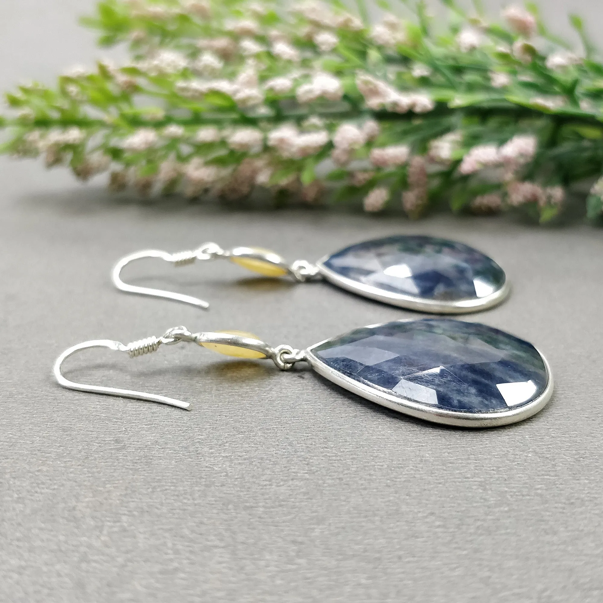 BLUE YELLOW SAPPHIRE 925 Sterling Silver Bezel Set Earrings : 17.080gms Natural Untreated Drop Dangle Hook Earrings 2.35"