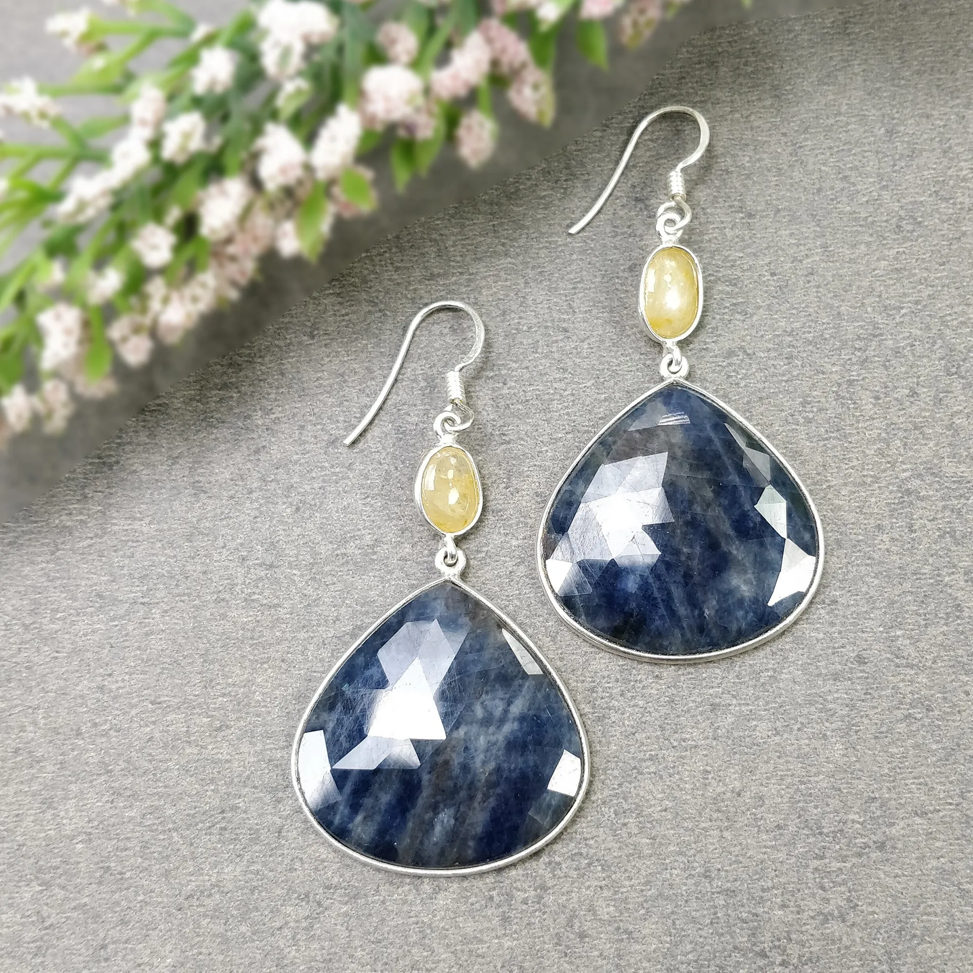 BLUE YELLOW SAPPHIRE 925 Sterling Silver Bezel Set Earrings : 17.080gms Natural Untreated Drop Dangle Hook Earrings 2.35"