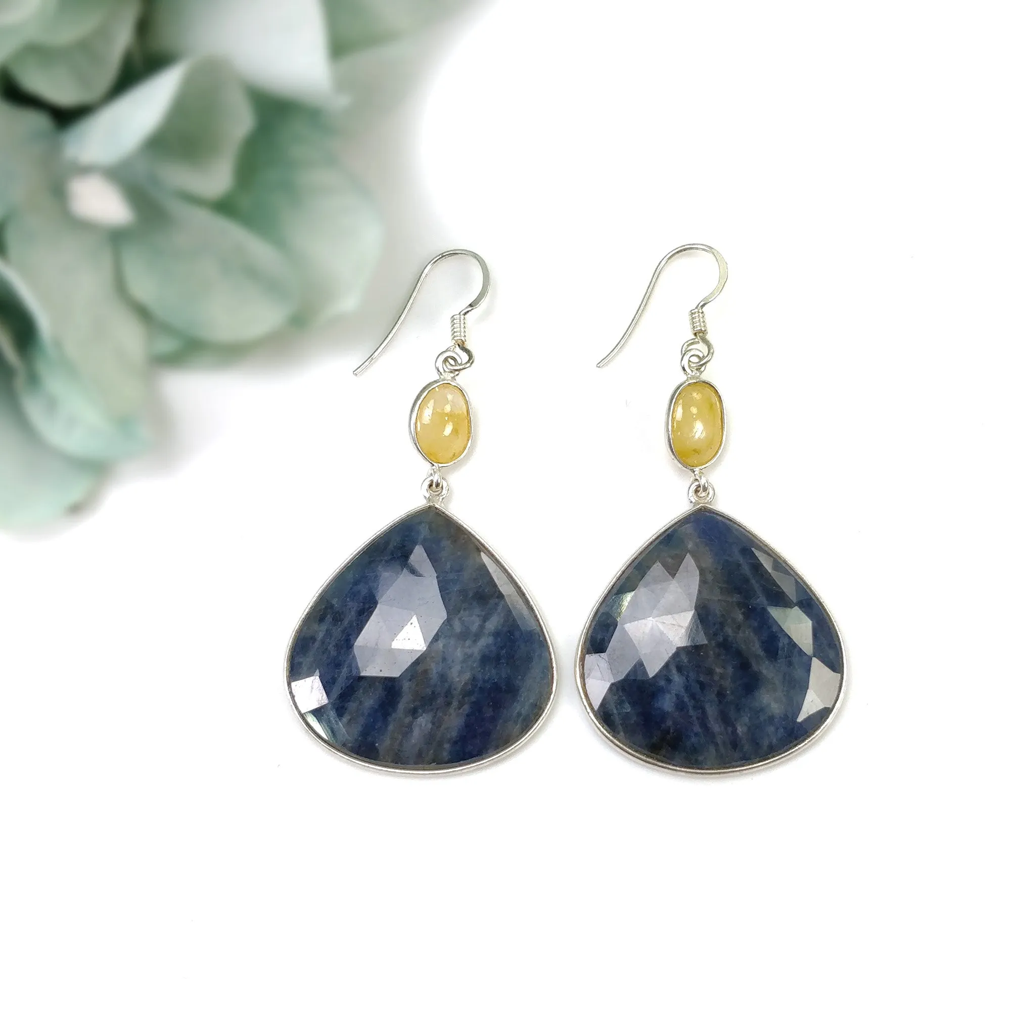 BLUE YELLOW SAPPHIRE 925 Sterling Silver Bezel Set Earrings : 17.080gms Natural Untreated Drop Dangle Hook Earrings 2.35"