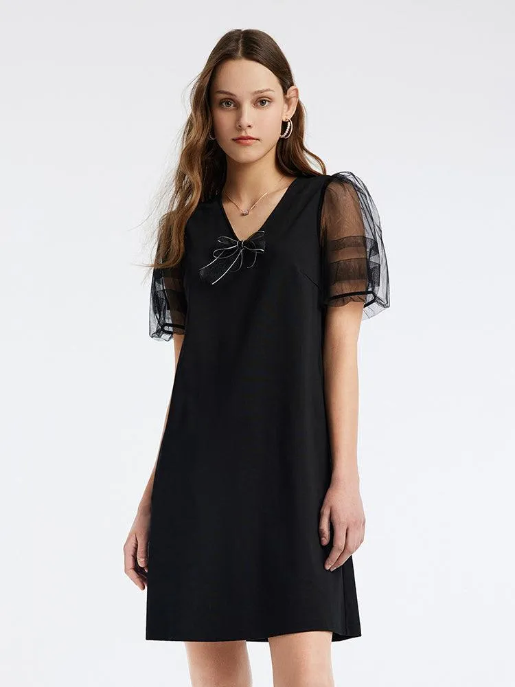 Bow Tie Puffy Sleeve Knitted Dress