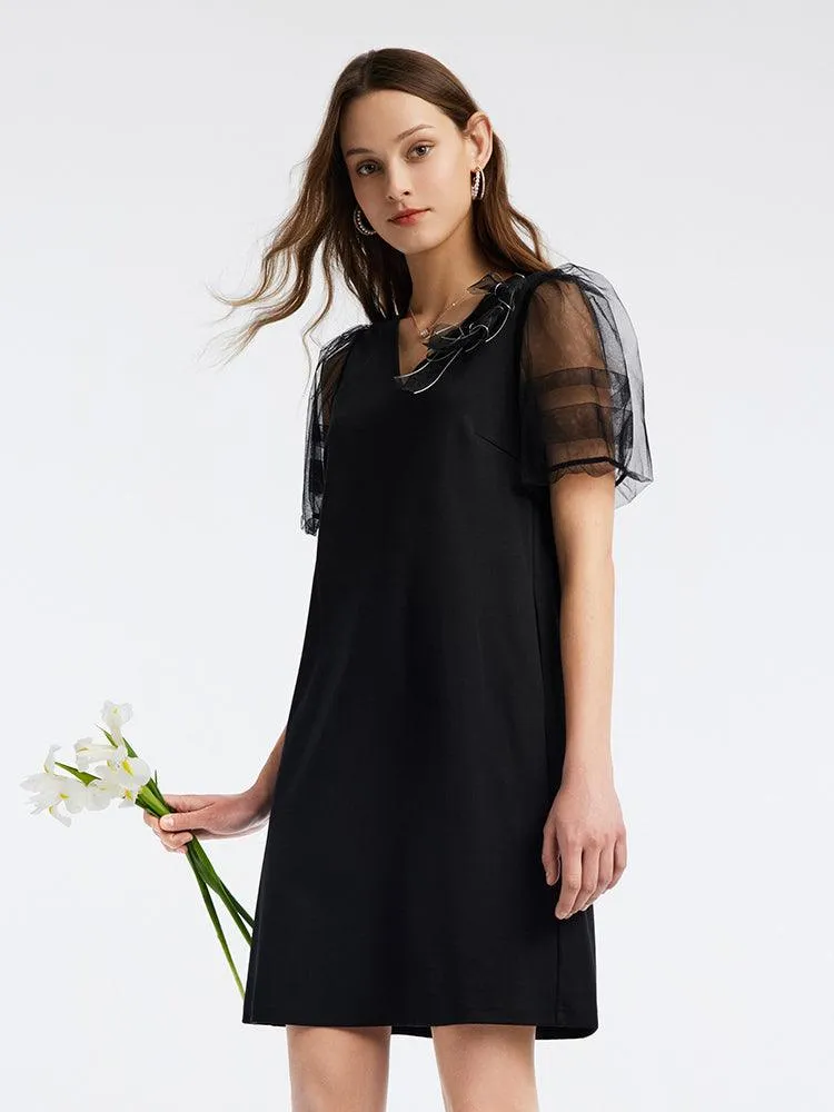 Bow Tie Puffy Sleeve Knitted Dress