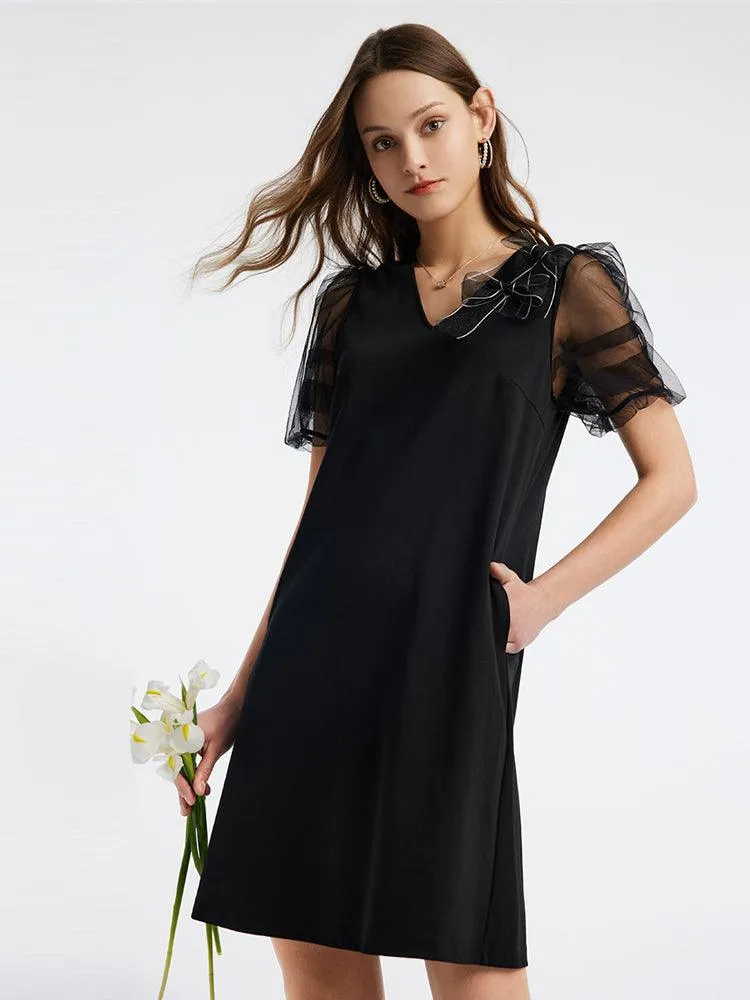 Bow Tie Puffy Sleeve Knitted Dress