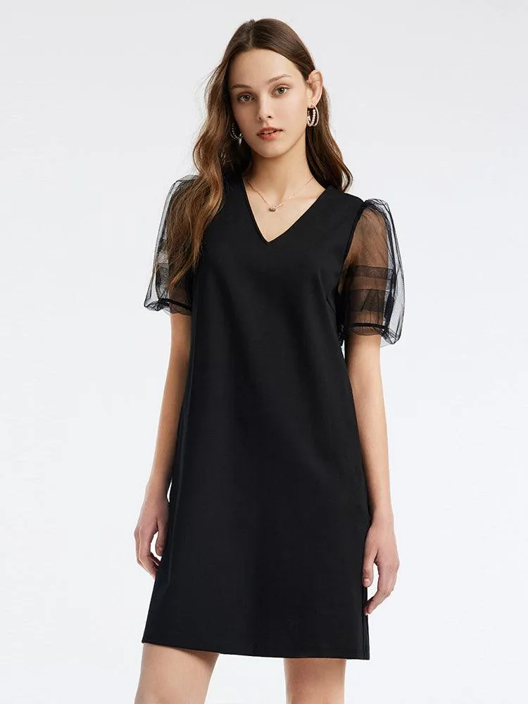 Bow Tie Puffy Sleeve Knitted Dress