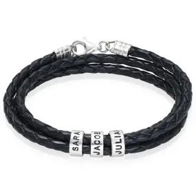 Braided Leather Bracelet with Small Custom Beads in Silver - Gift for Him