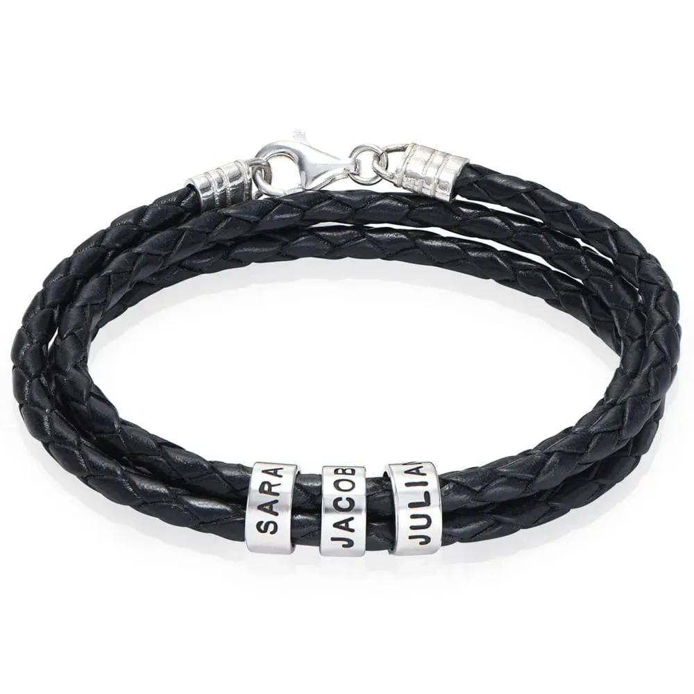 Braided Leather Bracelet with Small Custom Beads in Silver - Gift for Him