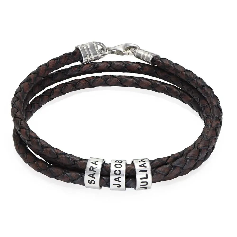 Braided Leather Bracelet with Small Custom Beads in Silver - Gift for Him