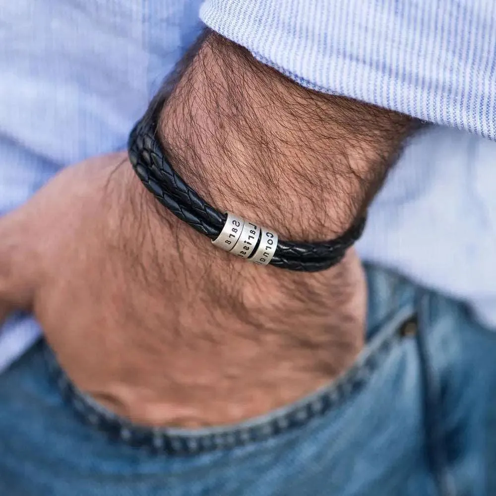 Braided Leather Bracelet with Small Custom Beads in Silver - Gift for Him