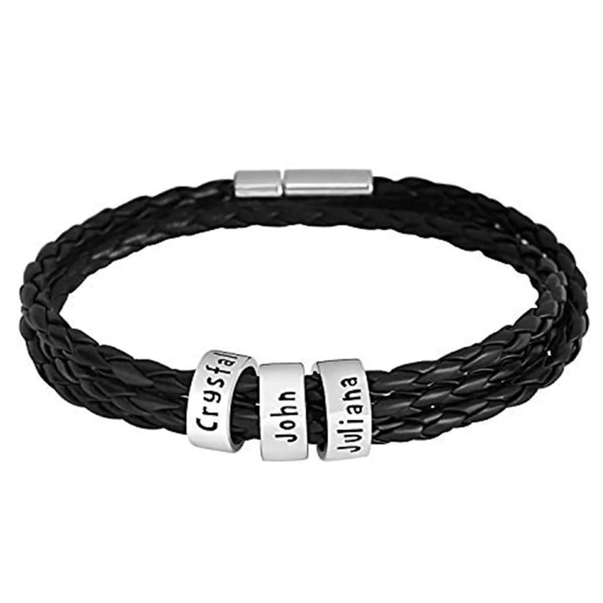 Braided Leather Bracelet with Small Custom Beads in Silver - Gift for Him