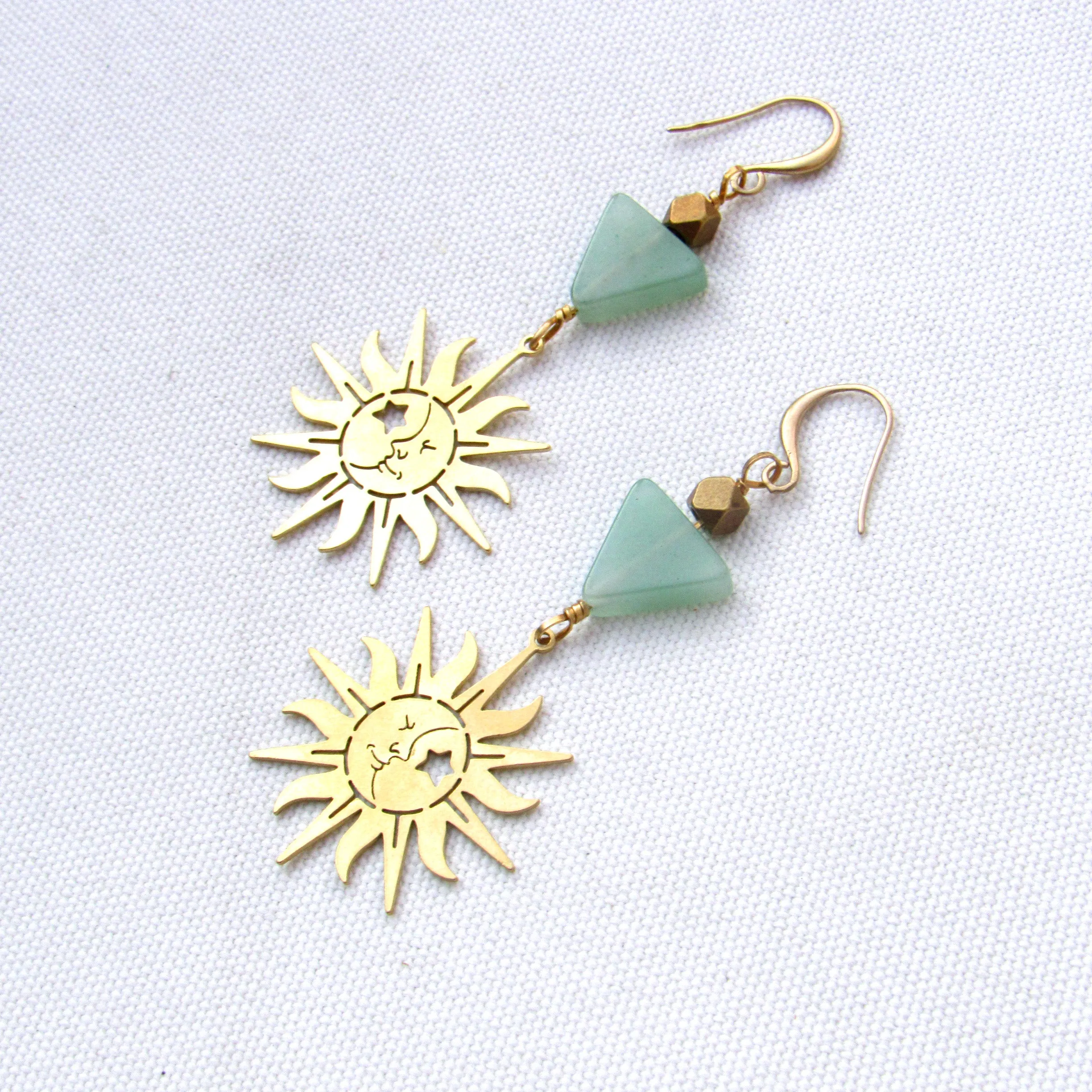 Brass Sun and Green Aventurine gemstone Drop Earrings