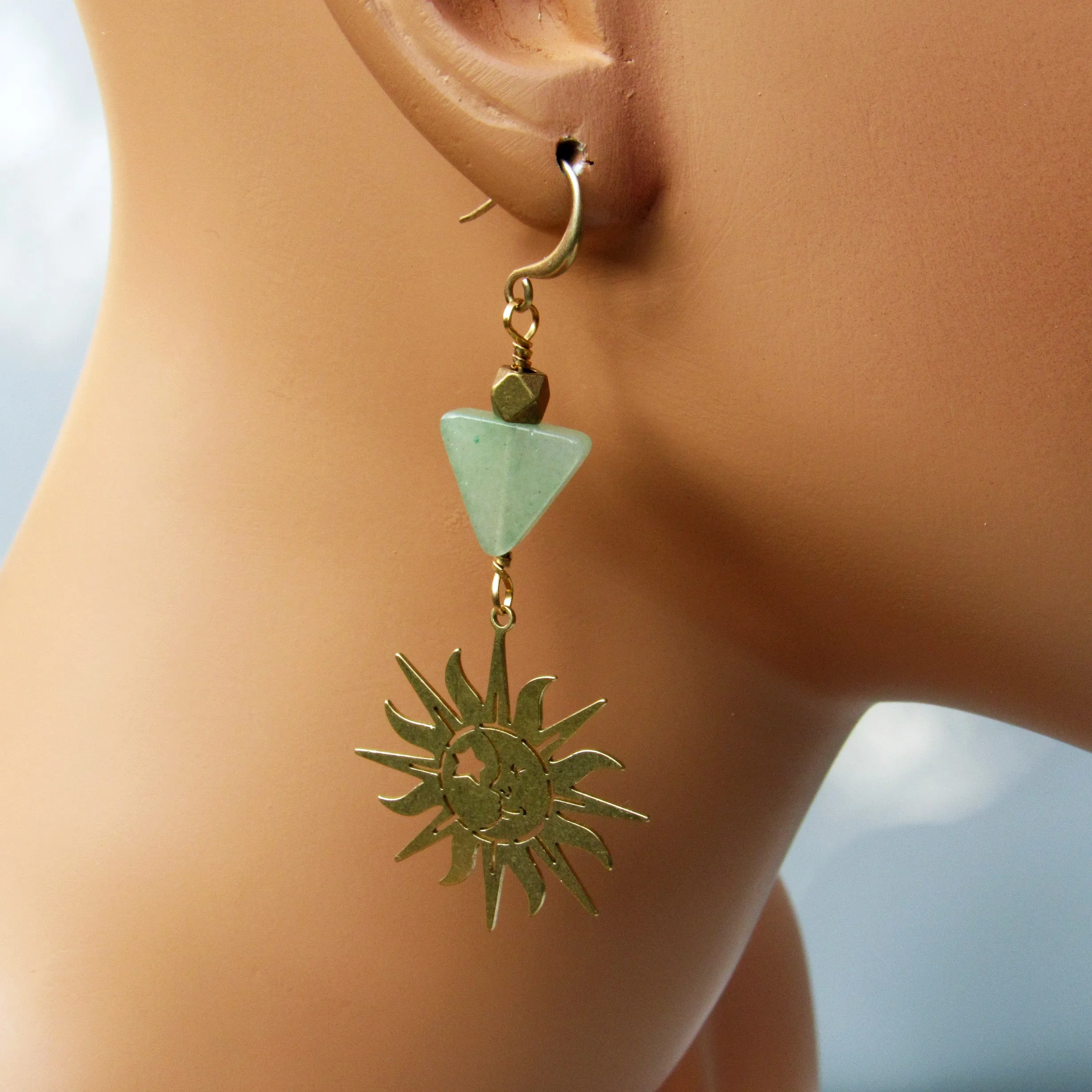 Brass Sun and Green Aventurine gemstone Drop Earrings