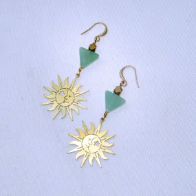 Brass Sun and Green Aventurine gemstone Drop Earrings