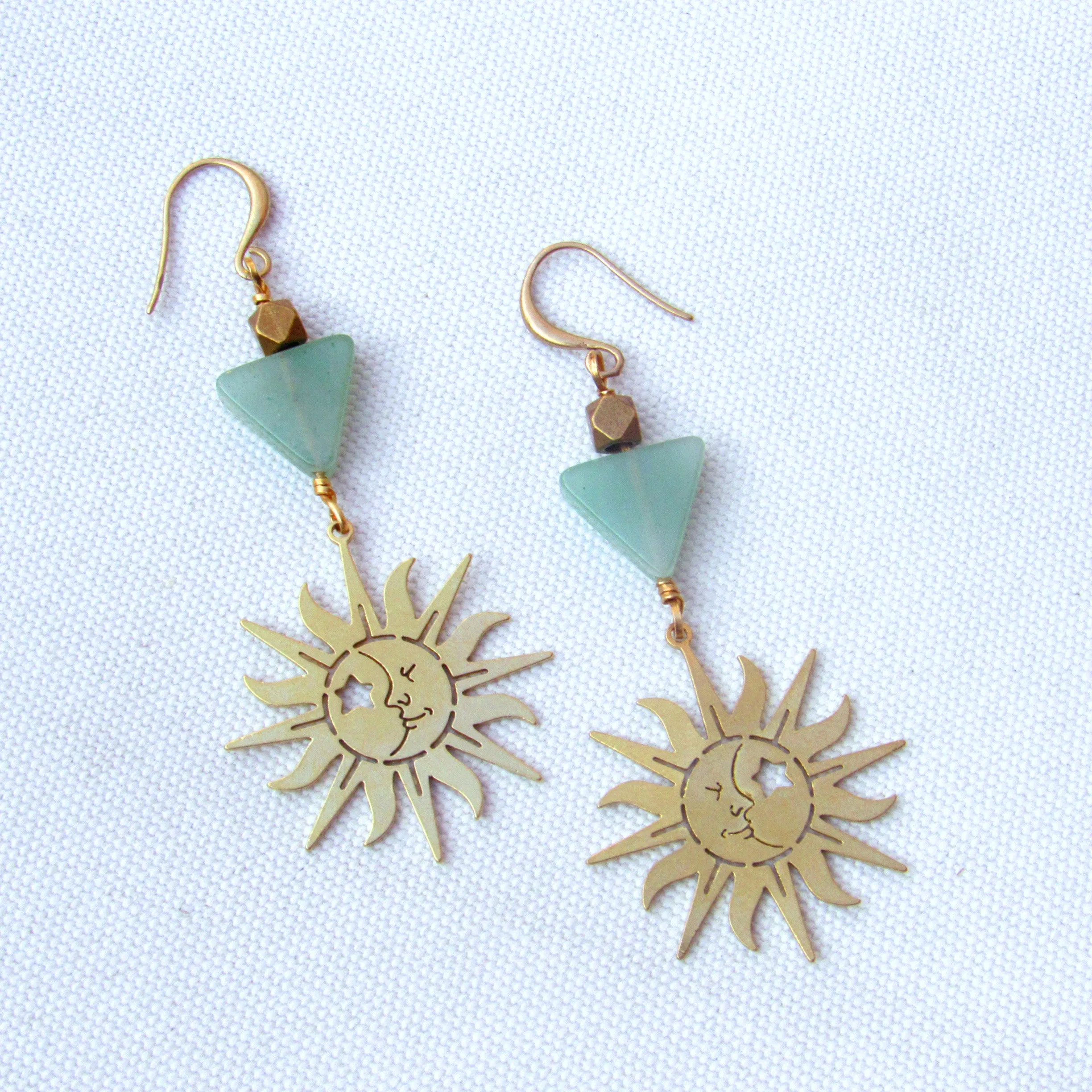 Brass Sun and Green Aventurine gemstone Drop Earrings