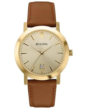 Bulova Mens Classic -  Gold-Tone Dial and Case - Cognac Brown Strap - Date