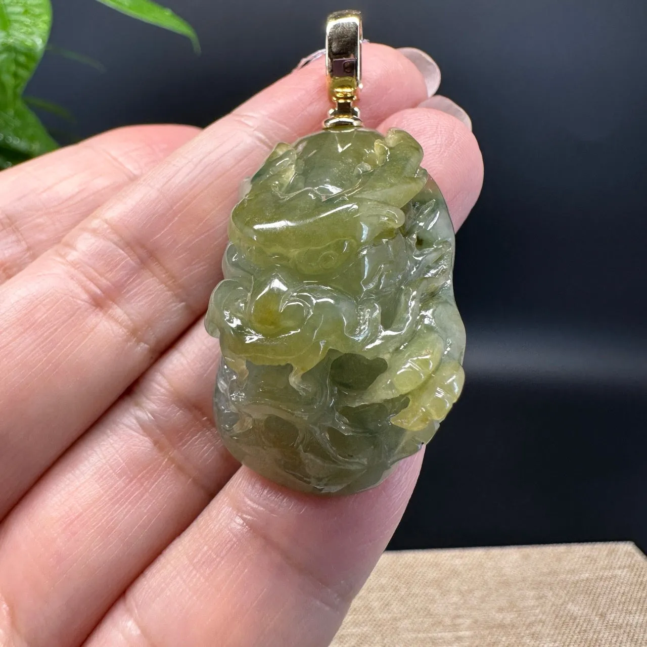 Burmese Yellow Green Jadeite Jade Dragon Pendant with 19k Yellow Gold Bail