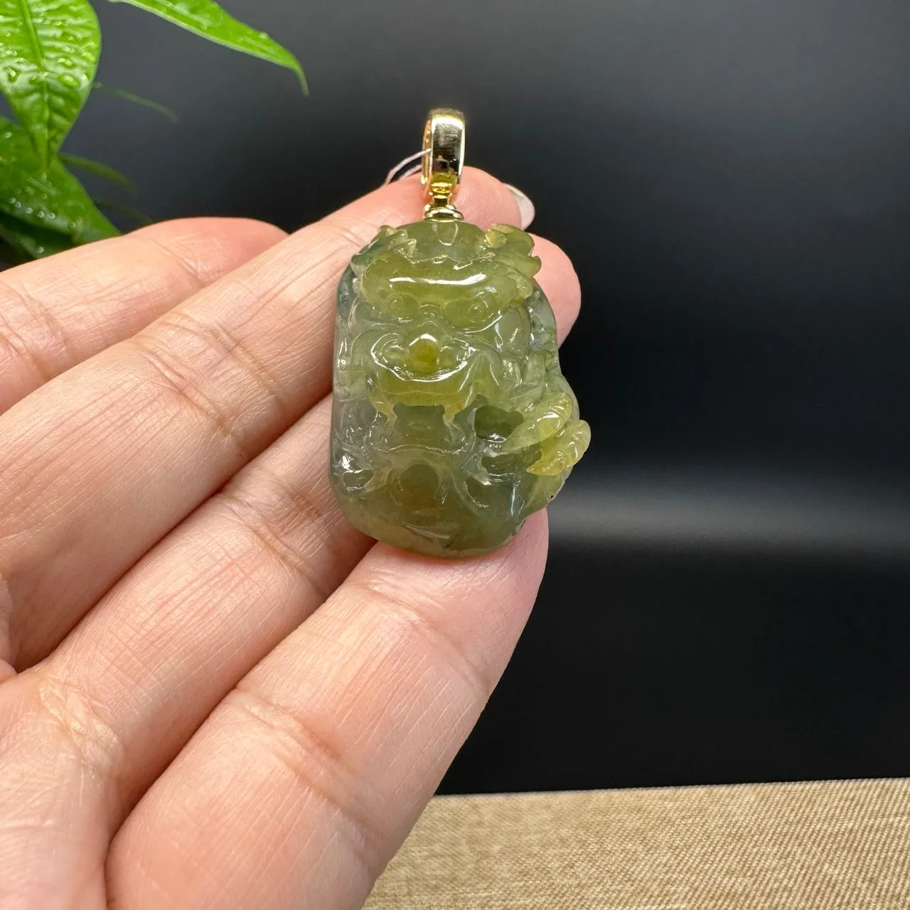 Burmese Yellow Green Jadeite Jade Dragon Pendant with 19k Yellow Gold Bail