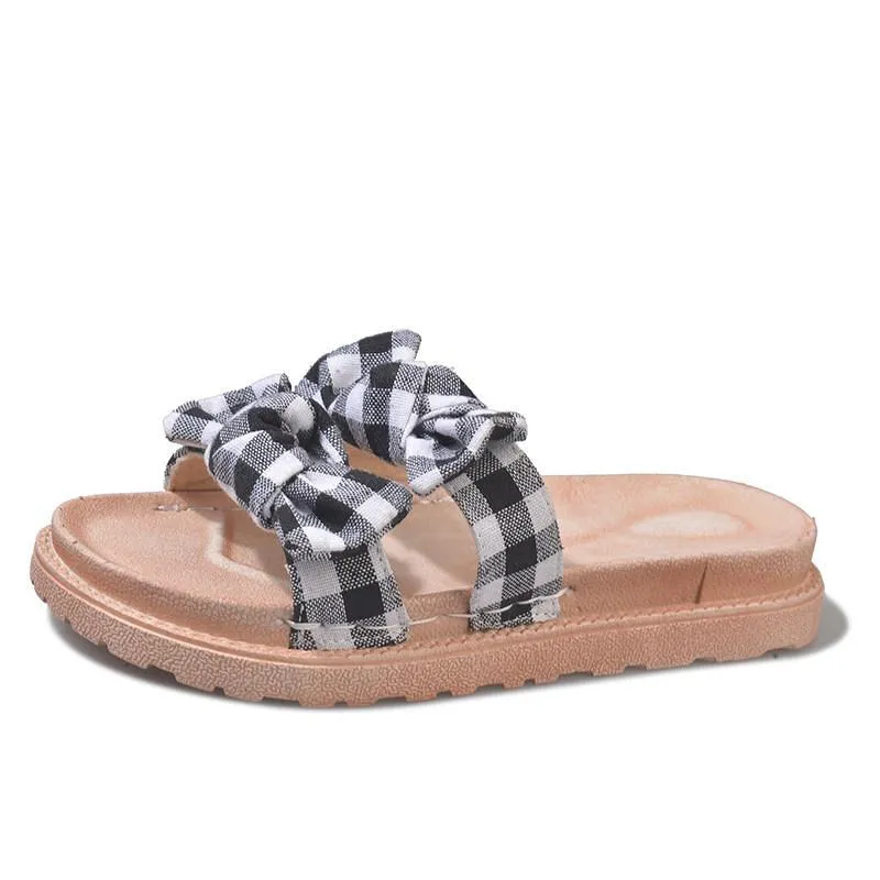 Checkered Bow Contoured Slide Slipper