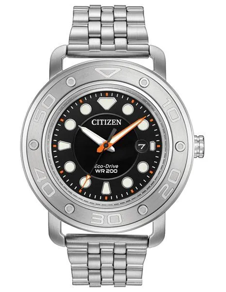 Citizen Eco-Drive Mens - Stainless Steel Bracelet - Black Strap - 200m - Date