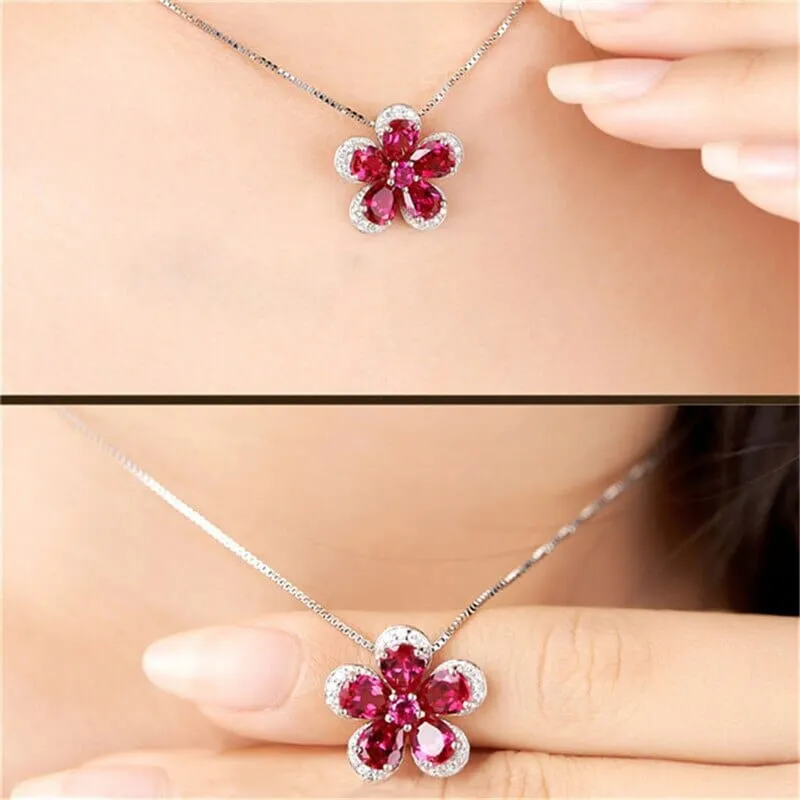 Clover Leaf Ruby 925 Sterling Silver Necklace