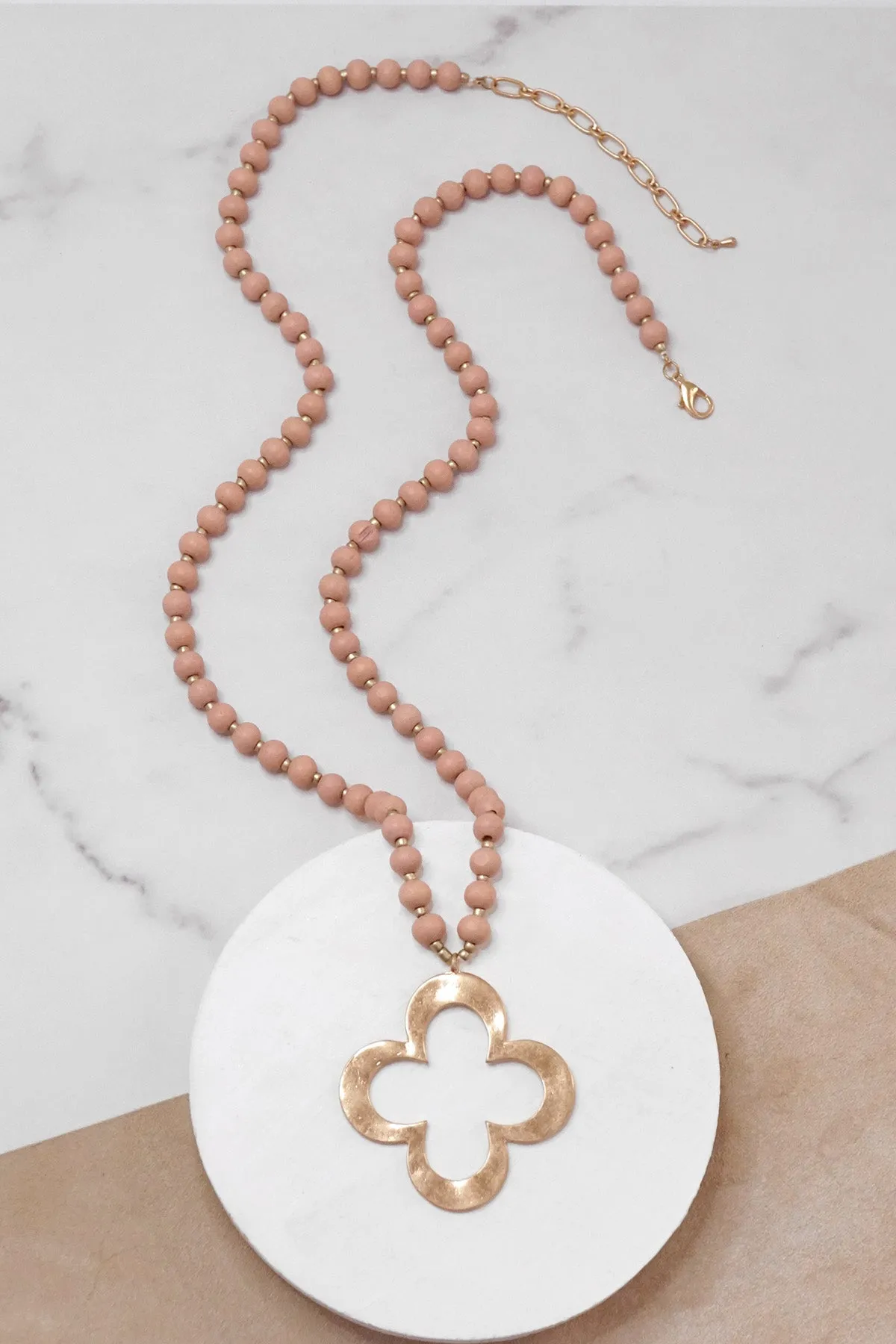 Clover Long Wooden Bead Necklace with gold Flower - Blush Muted Pink