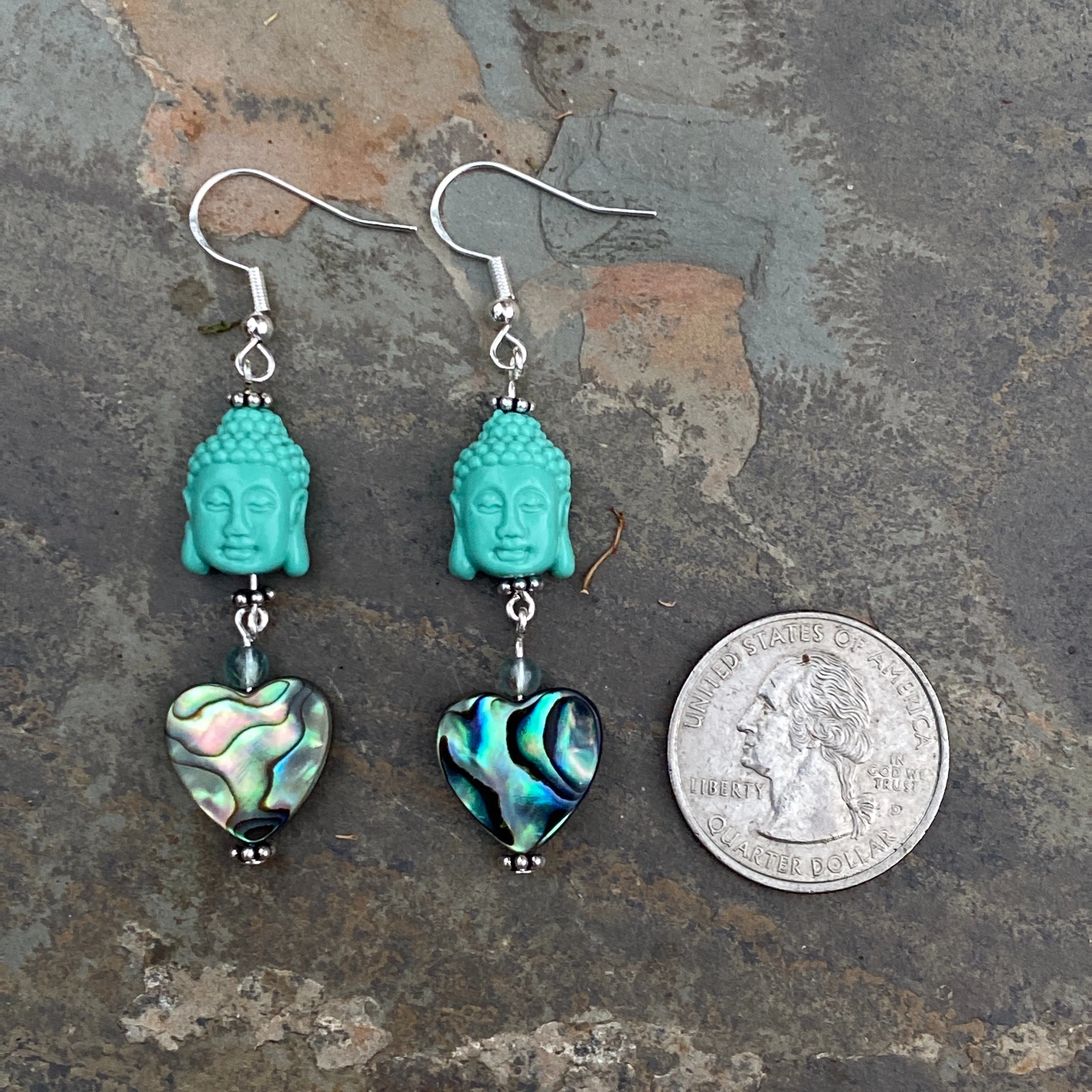 Coral Buddha Heads Abalone Heart sterling silver earrings