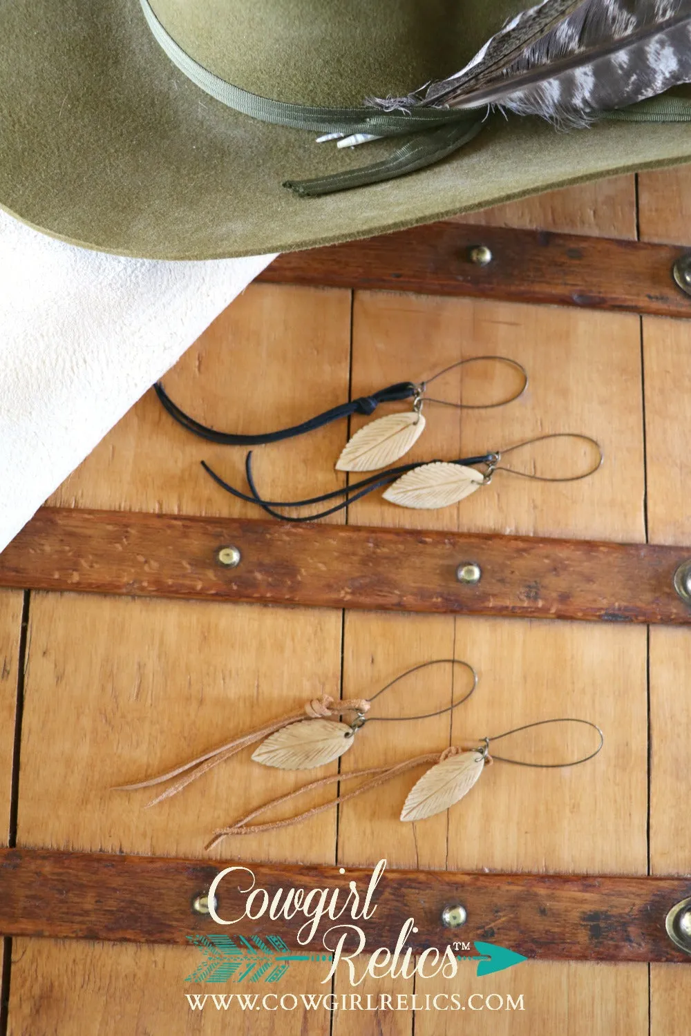 Cottonwood Carved Bone Feather and Leather Earrings