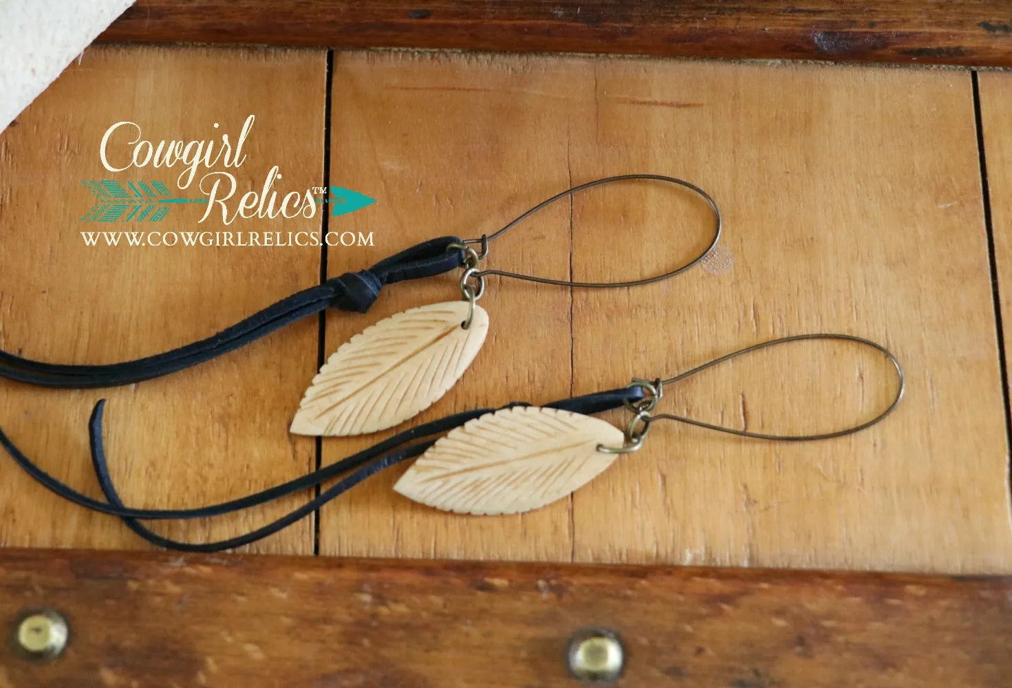 Cottonwood Carved Bone Feather and Leather Earrings