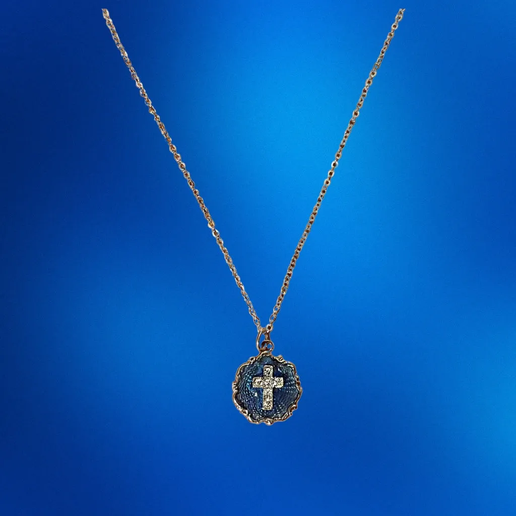 Cross on Blue Enamel Necklace