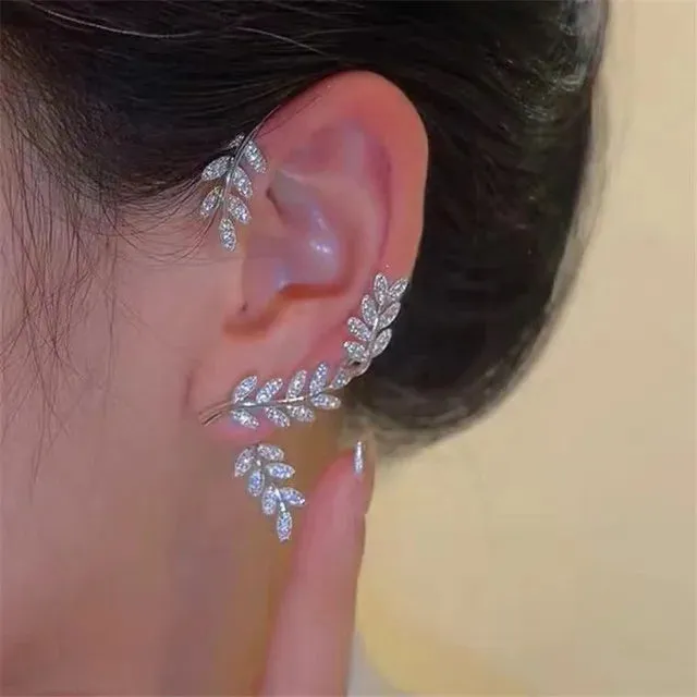 Crystal Leaves Ear Women Fashion Gold Cubic Zirconia Clip Jewelry Earring