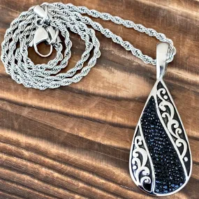 Crystal Teardrop - Black - Pendant - Rope Necklace or Omega - AJ04