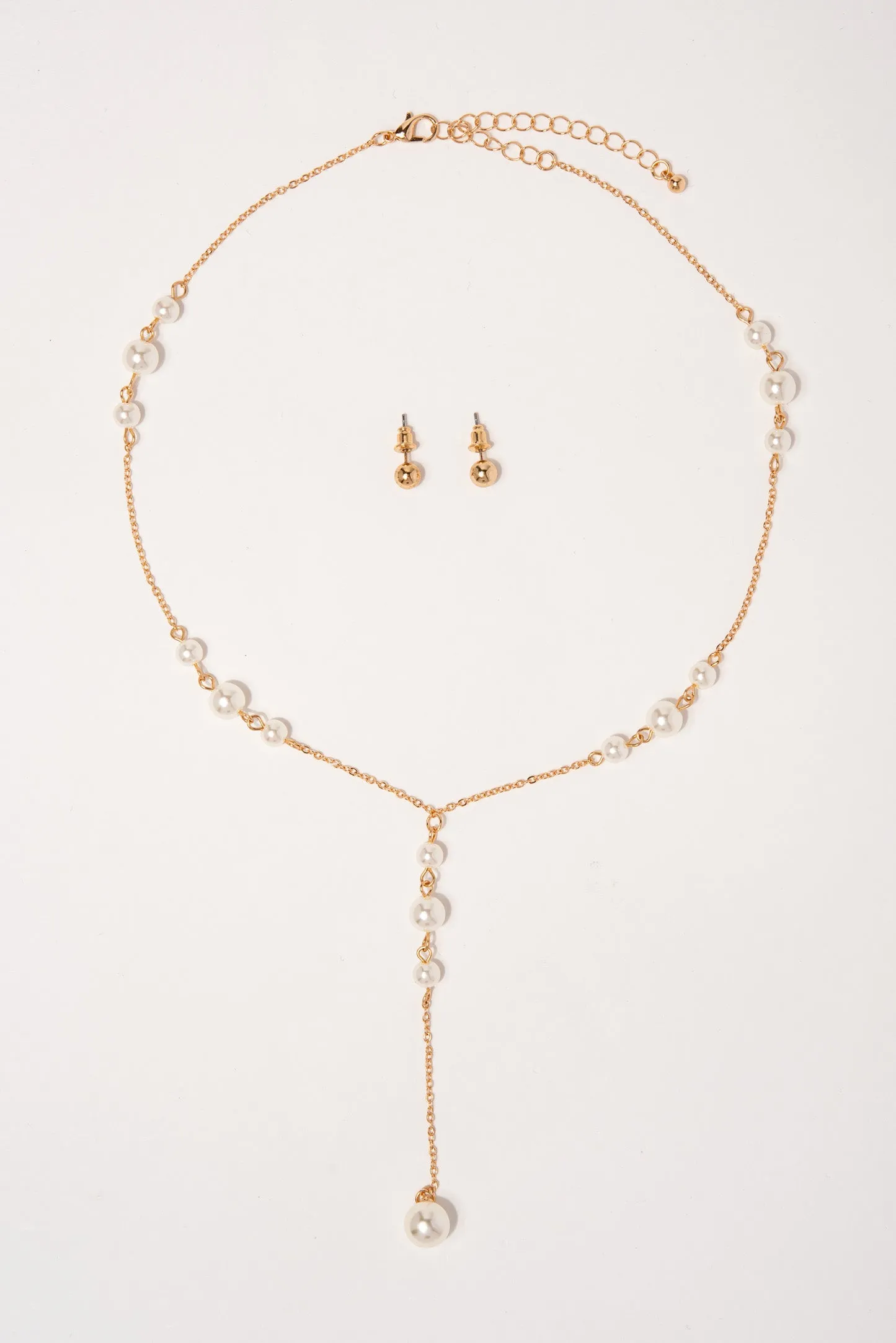 Crystal Y shaped Pearl Drop Necklace - Gold